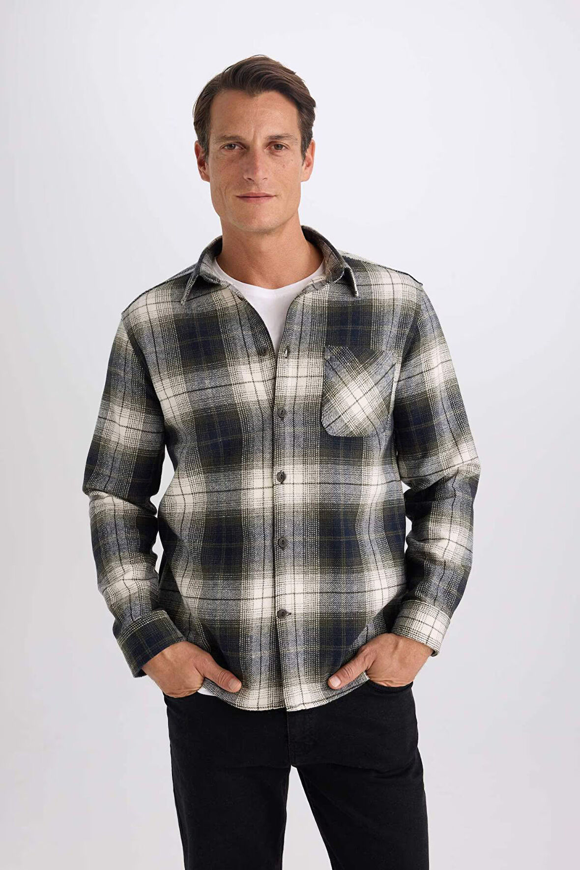 DeFacto Regular Fit Polo Yaka Kareli Flanel Uzun Kollu Gömlek E2763AX24WNNV64