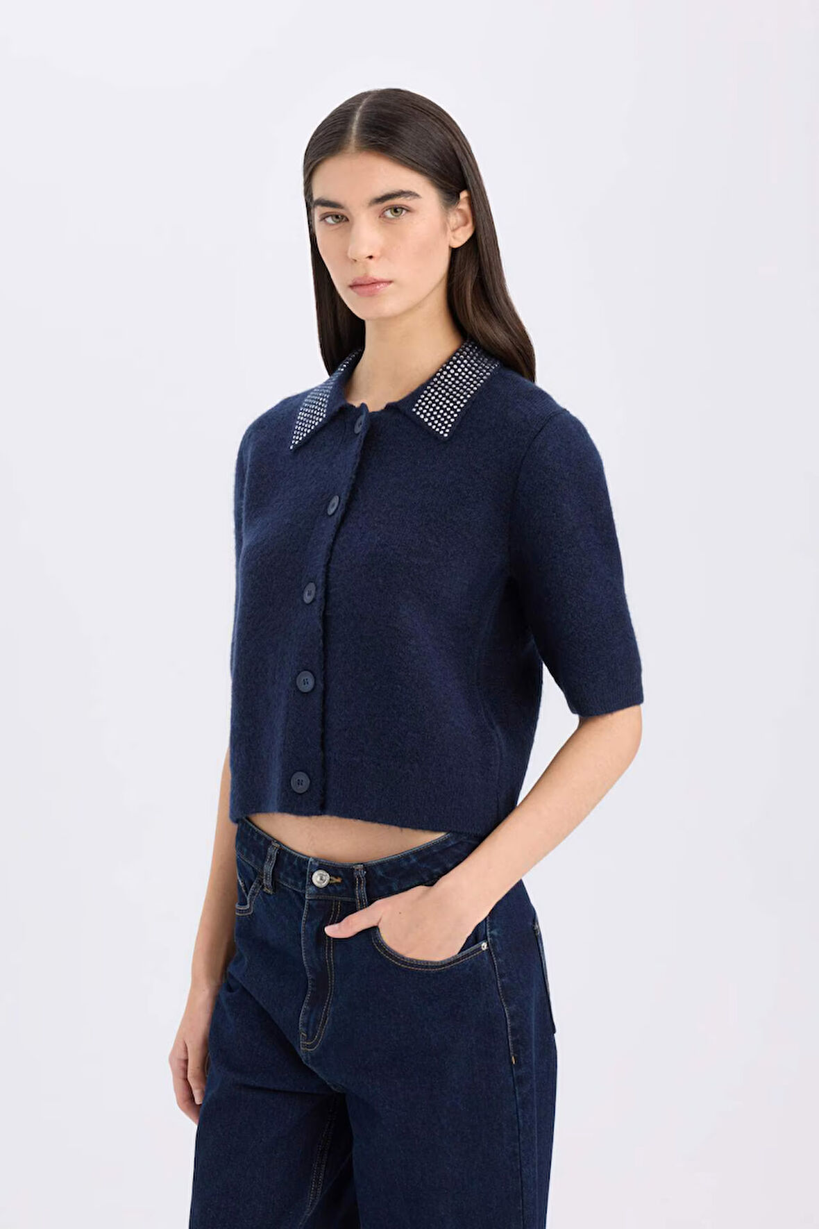 DeFacto Regular Fit Polo Yaka Basic Düz Düğmeli Triko Hırka E2288AX24WNNV134