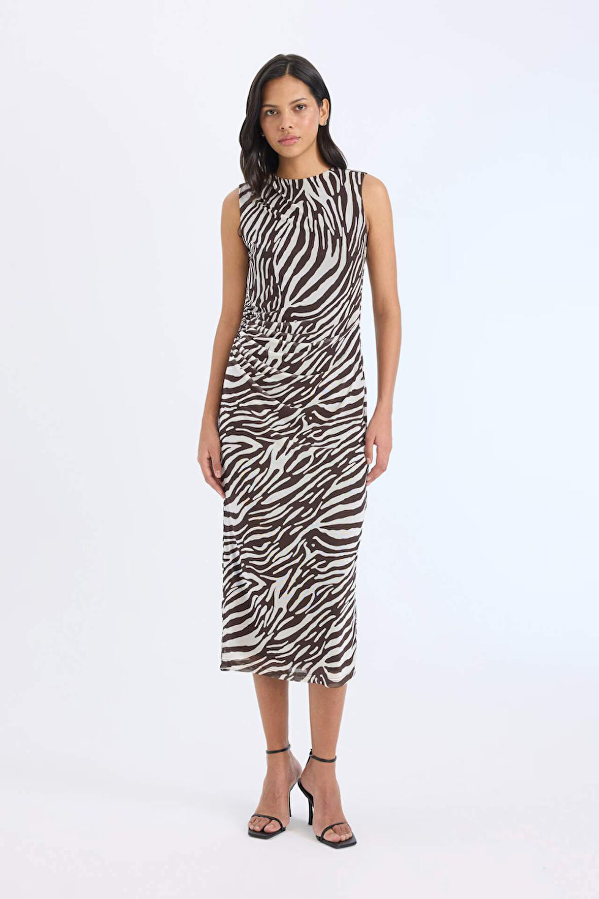 Bodycon Vücudu Saran Yarım Balıkçı Yaka Zebra Desenli  Tül Kolsuz Midi Elbise