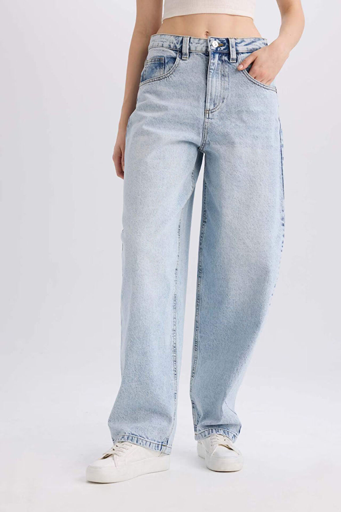 Baggy Fit Yüksek Bel Uzun Jean Yıkamalı Pantolon