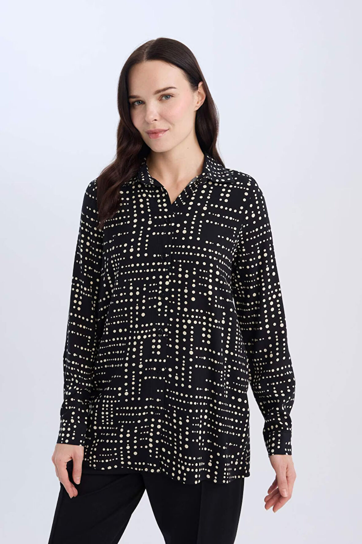 Loose Fit Gömlek Yaka Desenli Uzun Kollu Gömlek Tunik