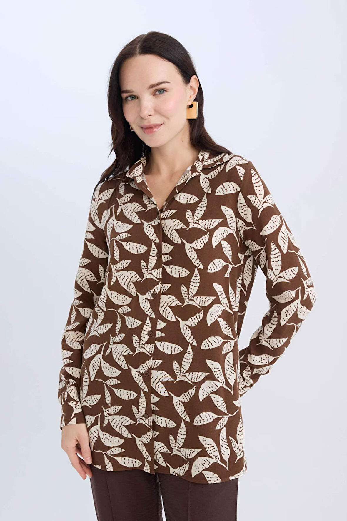 Loose Fit Gömlek Yaka Desenli Uzun Kollu Gömlek Tunik