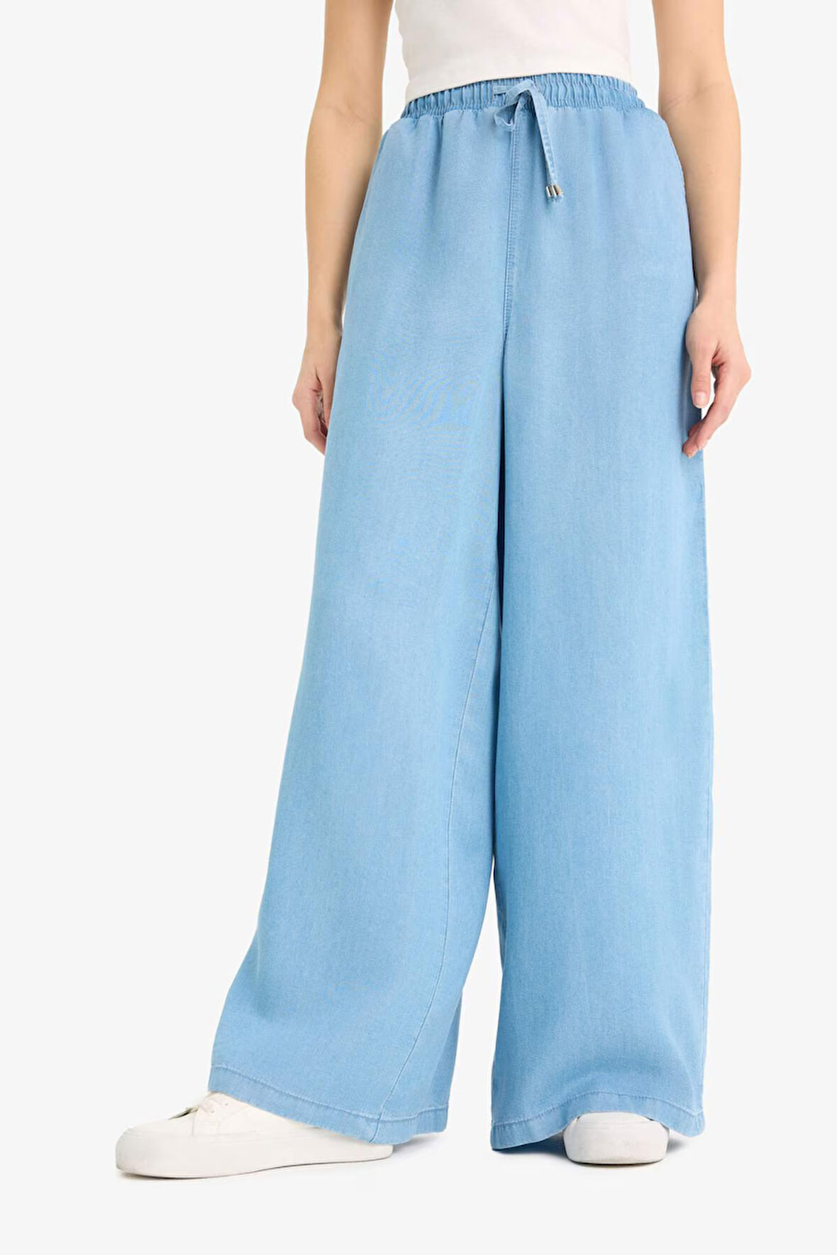 Pull On Wide Leg Yüksek Bel Uzun Yumuşak Jean Yıkamalı Pantolon