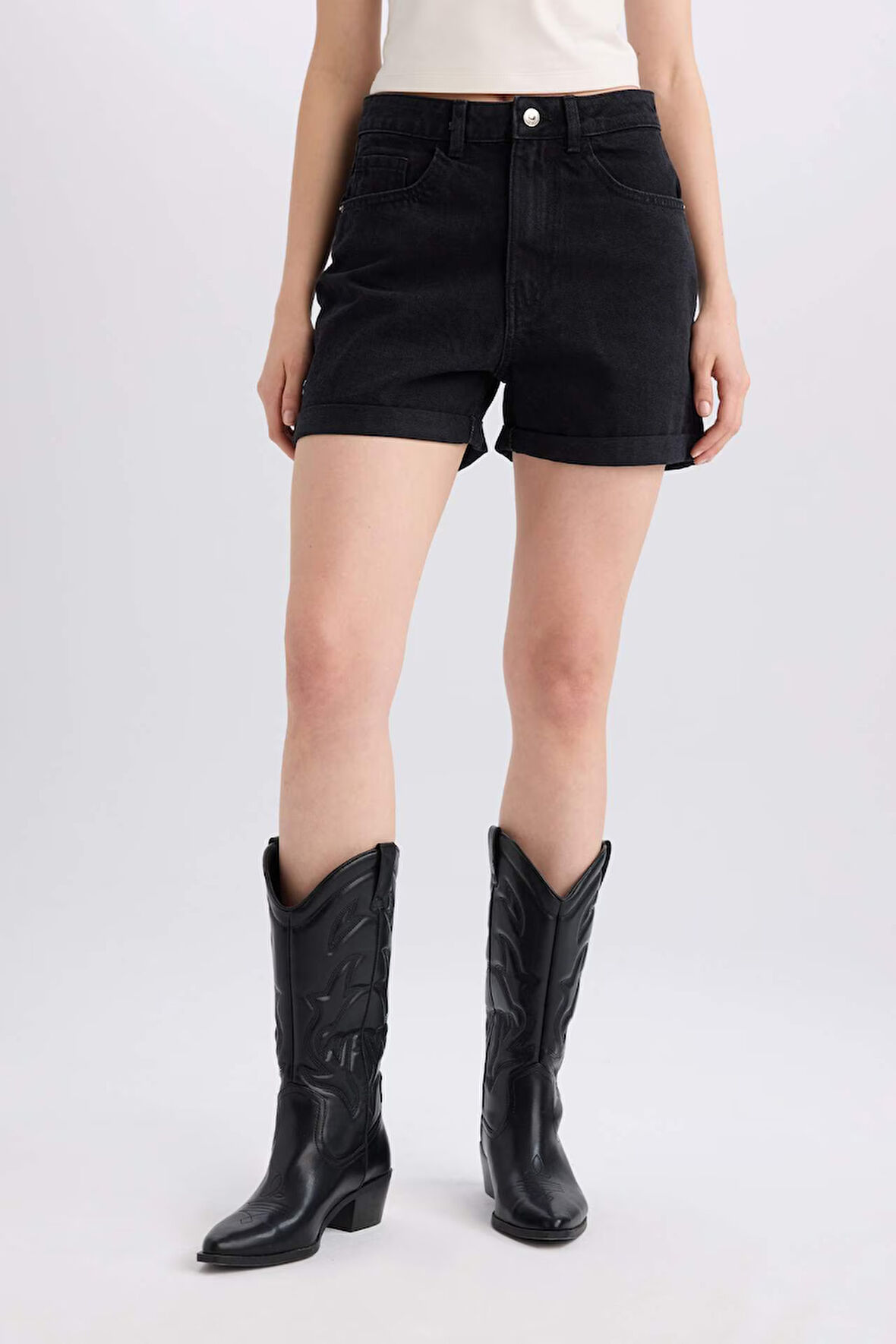 Mom Fit Yüksek Bel Katlamalı Paça Jean Şort