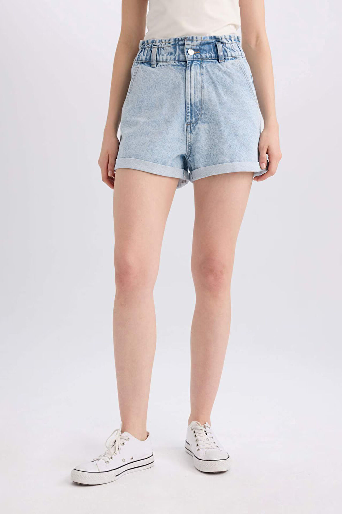 Paperbag Yüksek Bel Katlamalı Paça Jean Şort