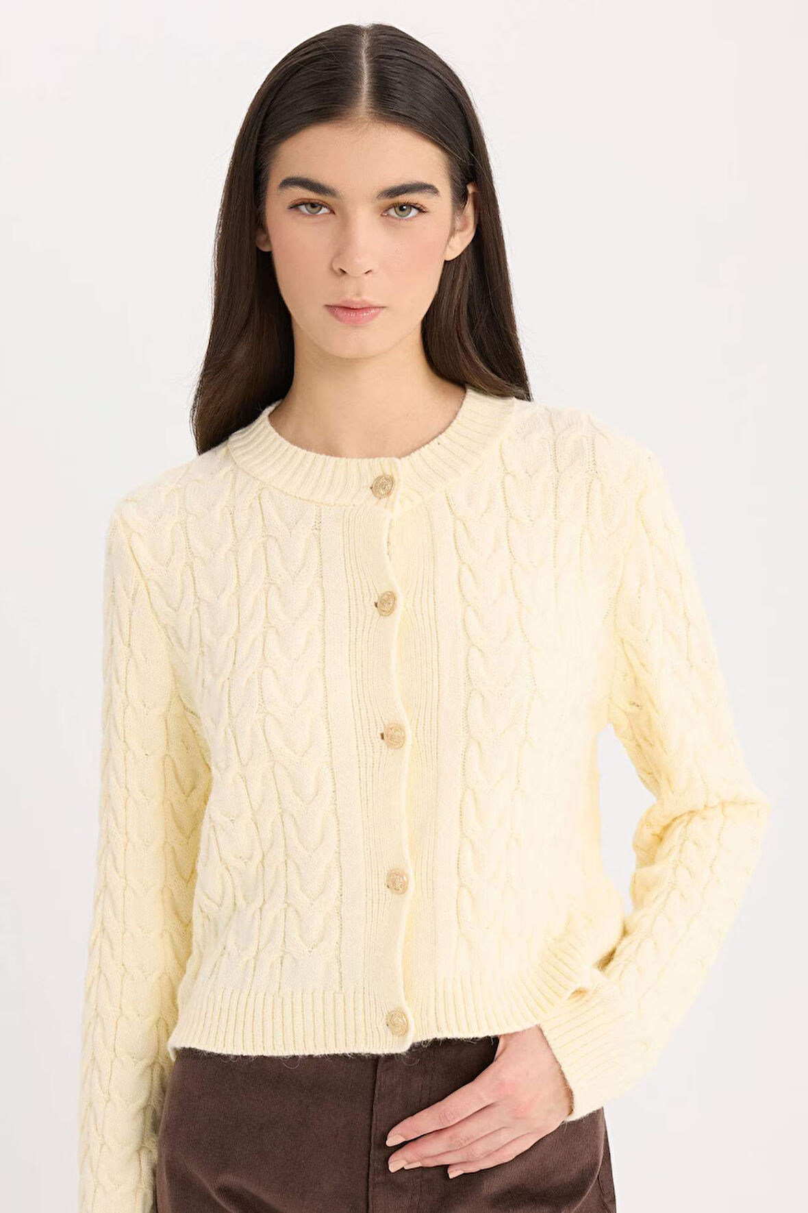 DeFacto Regular Fit Bisiklet Yaka Saç Örgülü Düğmeli Triko Hırka C9044AX24WNER109