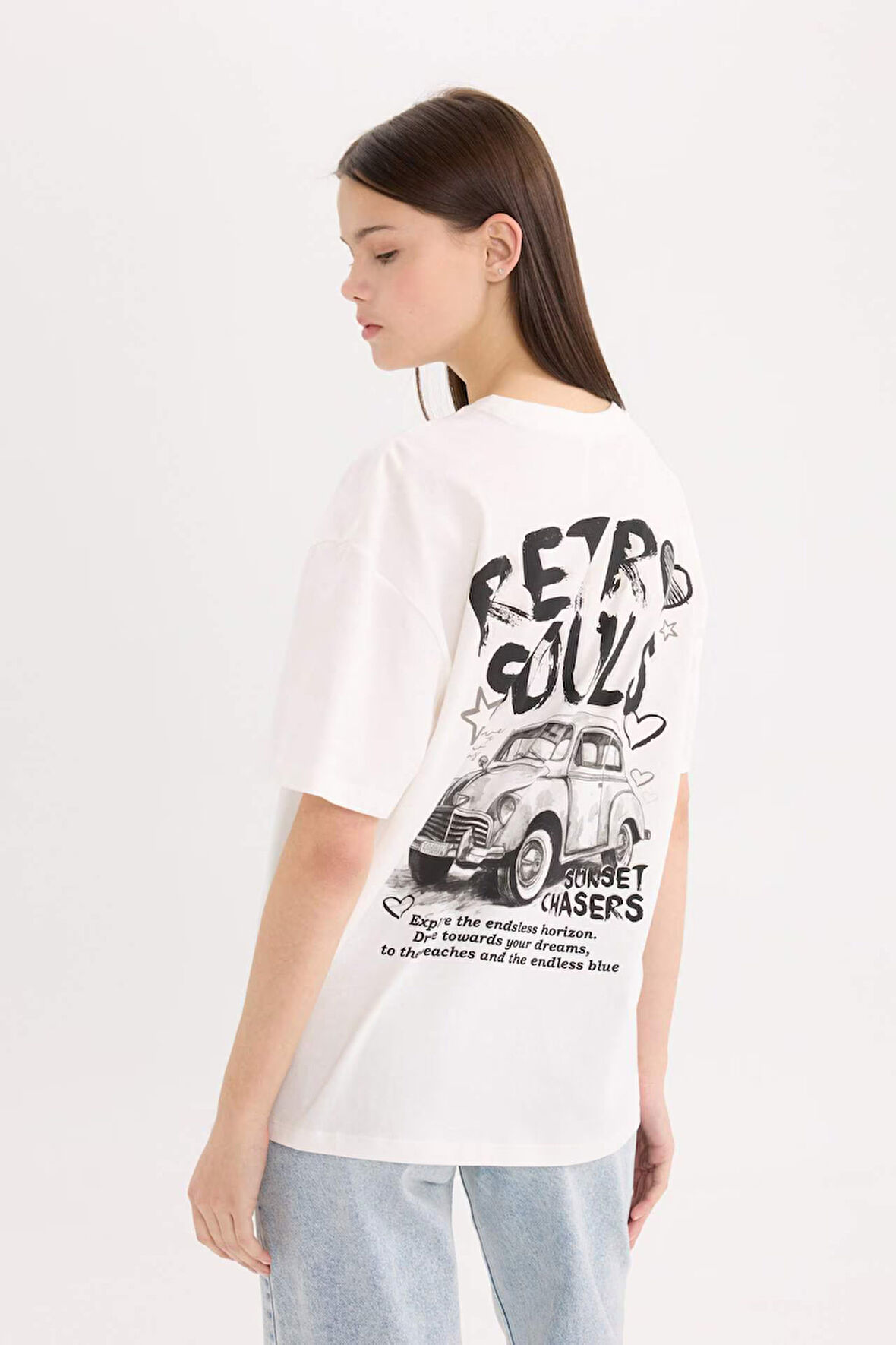 DeFacto Oversize Geniş Kalıp Bisiklet Yaka Sırt Baskılı Kısa Kollu Tişört D9612AX25SMWT32