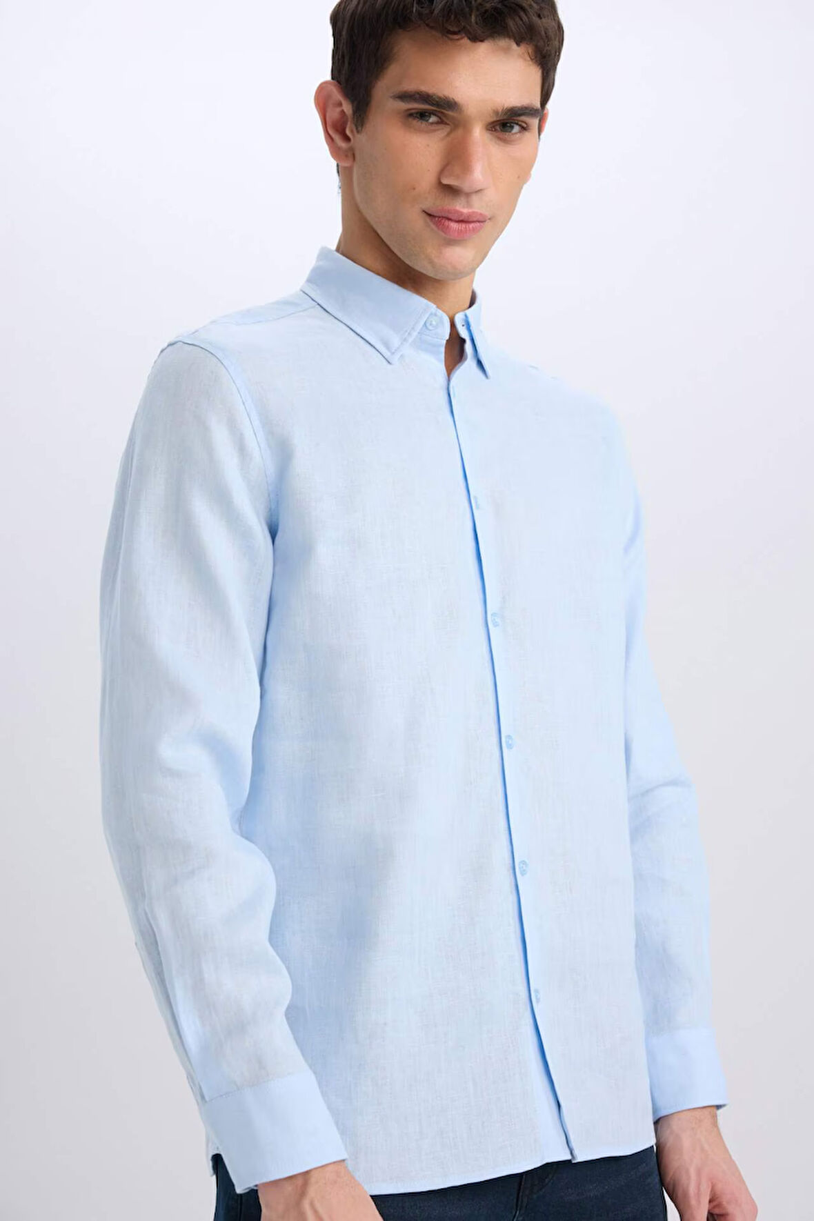 Regular Fit Polo Yaka Keten Basic Düz Uzun Kollu Gömlek