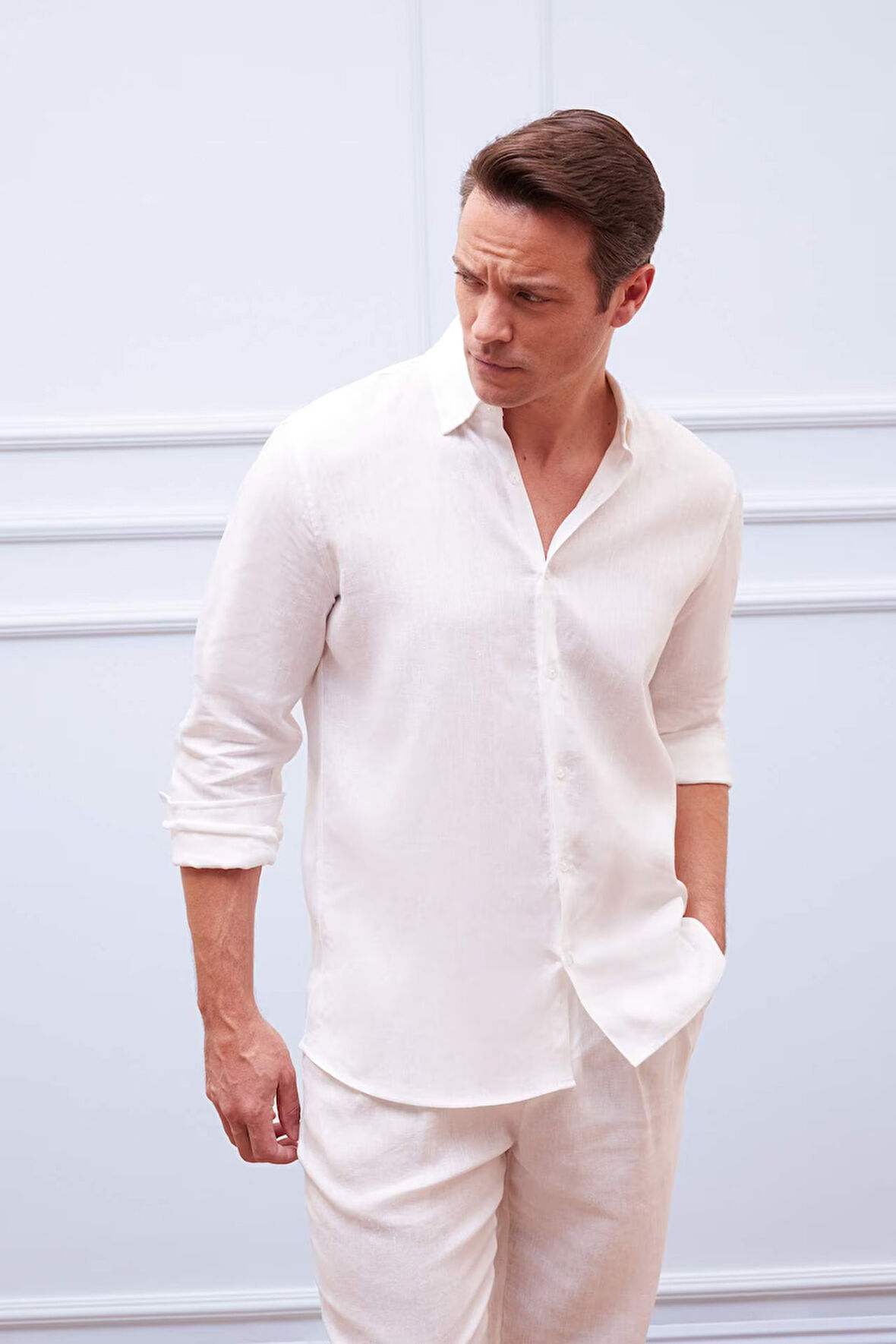 %100 Keten Regular Fit Polo Yaka Yazlık Basic Düz Uzun Kollu Gömlek
