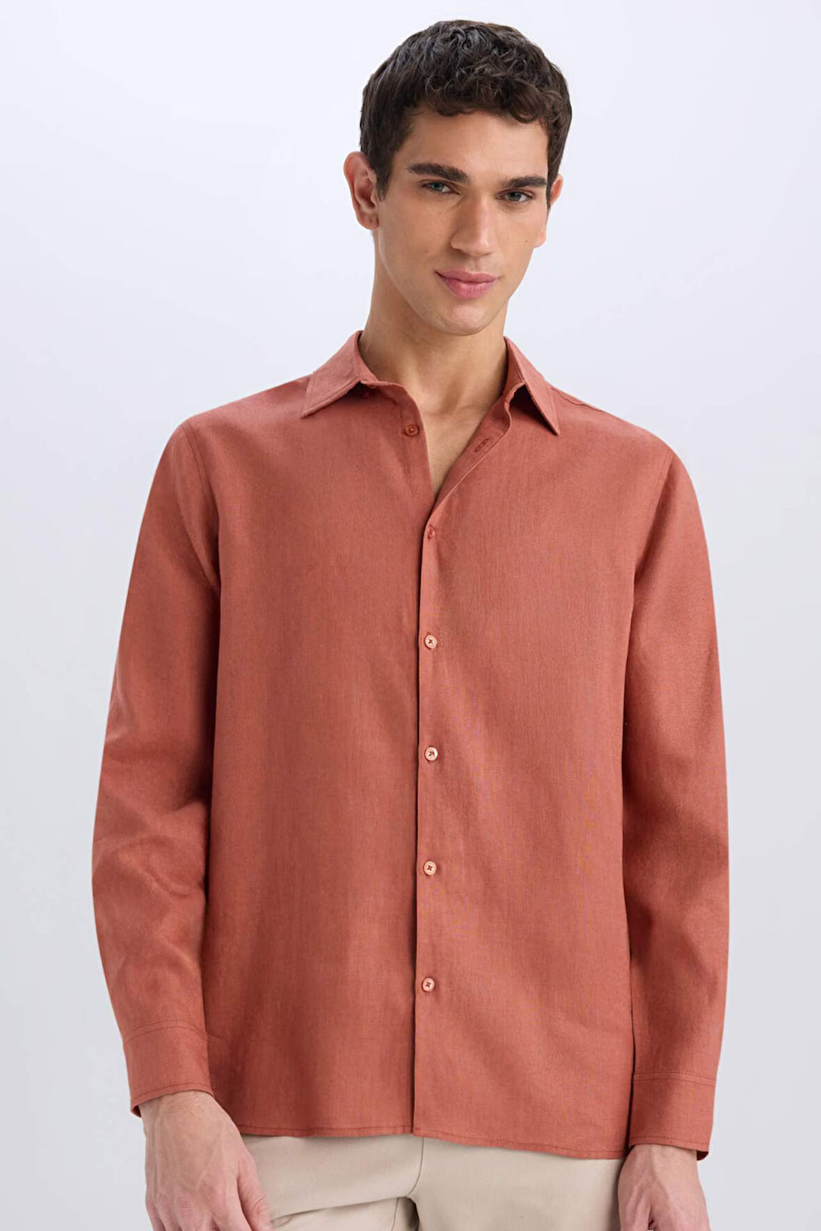 %100 Keten Regular Fit Polo Yaka Yazlık Basic Düz Uzun Kollu Gömlek