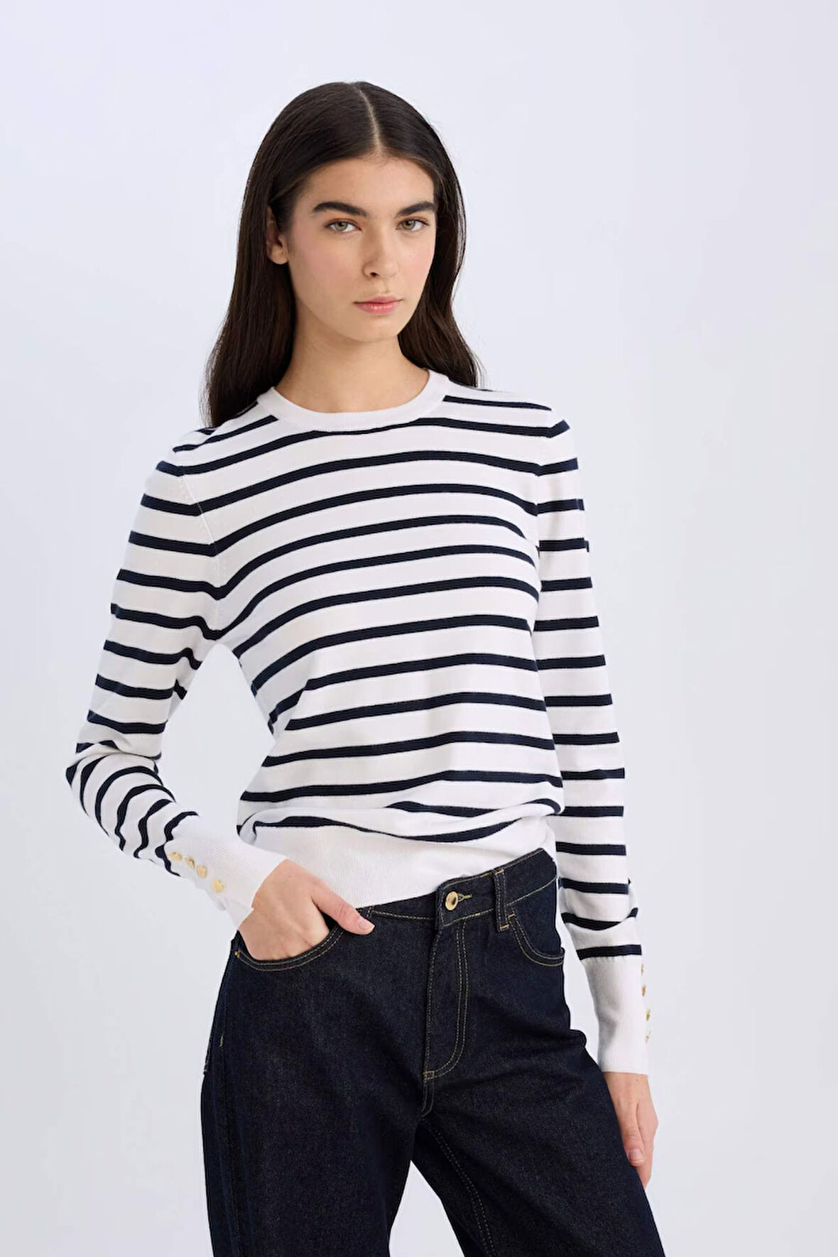 DeFacto Regular Fit Çizgili Bisiklet Yaka Triko Kazak A8490AX25SPER105