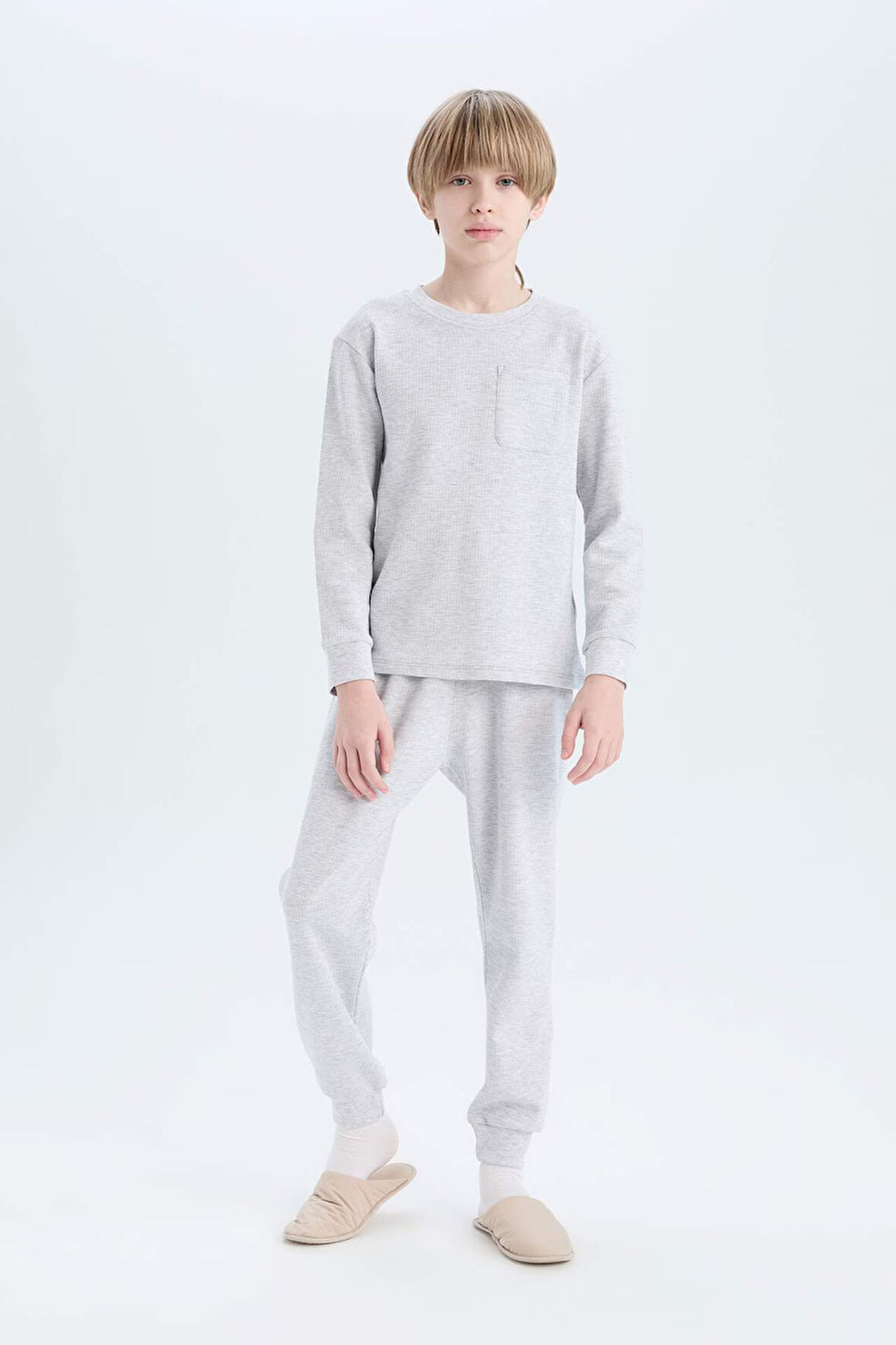 DeFacto Erkek Çocuk Pijama Takımı Waffle Bisiklet Yaka Uzun Kollu Üst Beli Lastikli Uzun Alt D9977A825SPGR400
