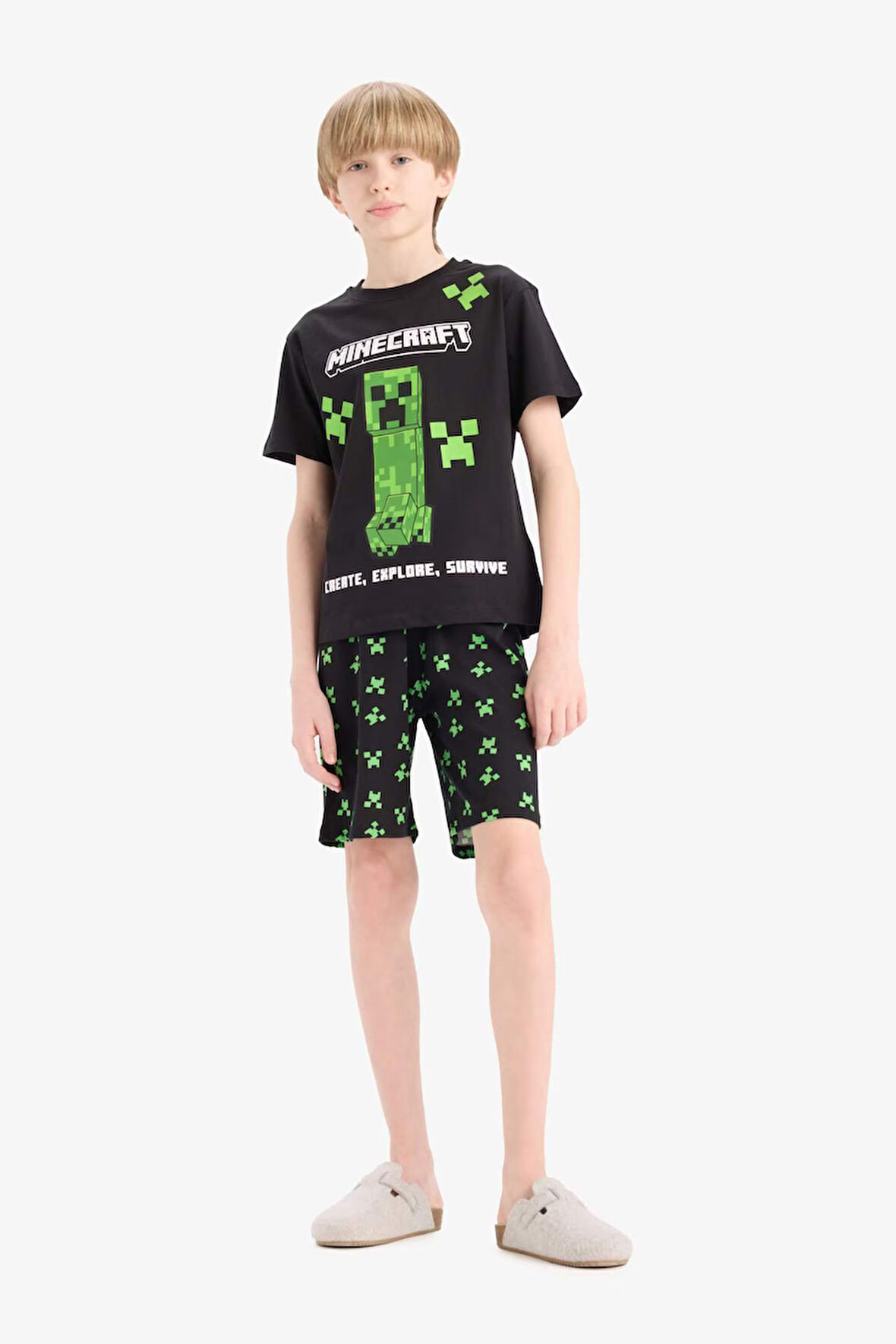 Erkek Çocuk Minecraft Pijama Takımı Kısa Kollu Üst Beli Lastikli Şort