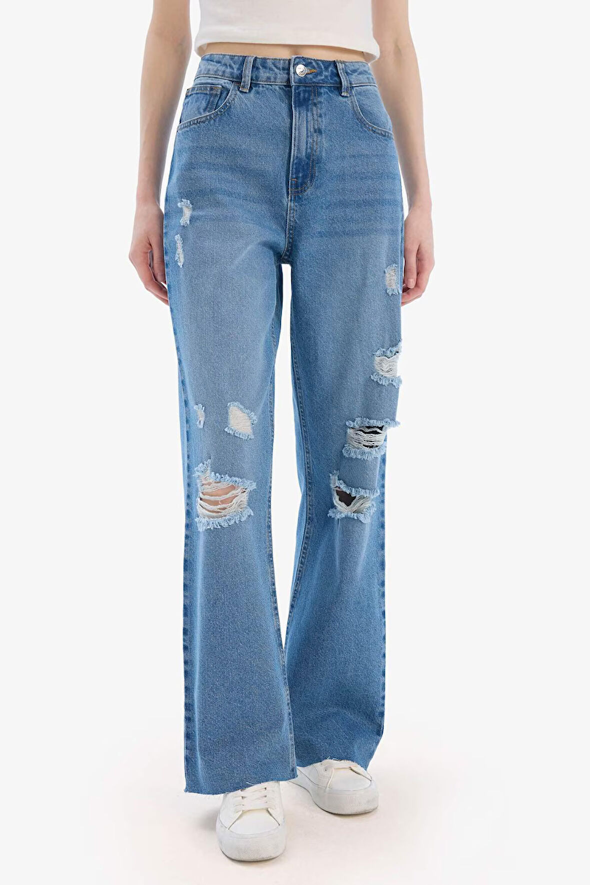 90's Wide Leg Yırtık Detaylı Yüksek Bel Geniş Paça Uzun Jean Yıkamalı Pantolon