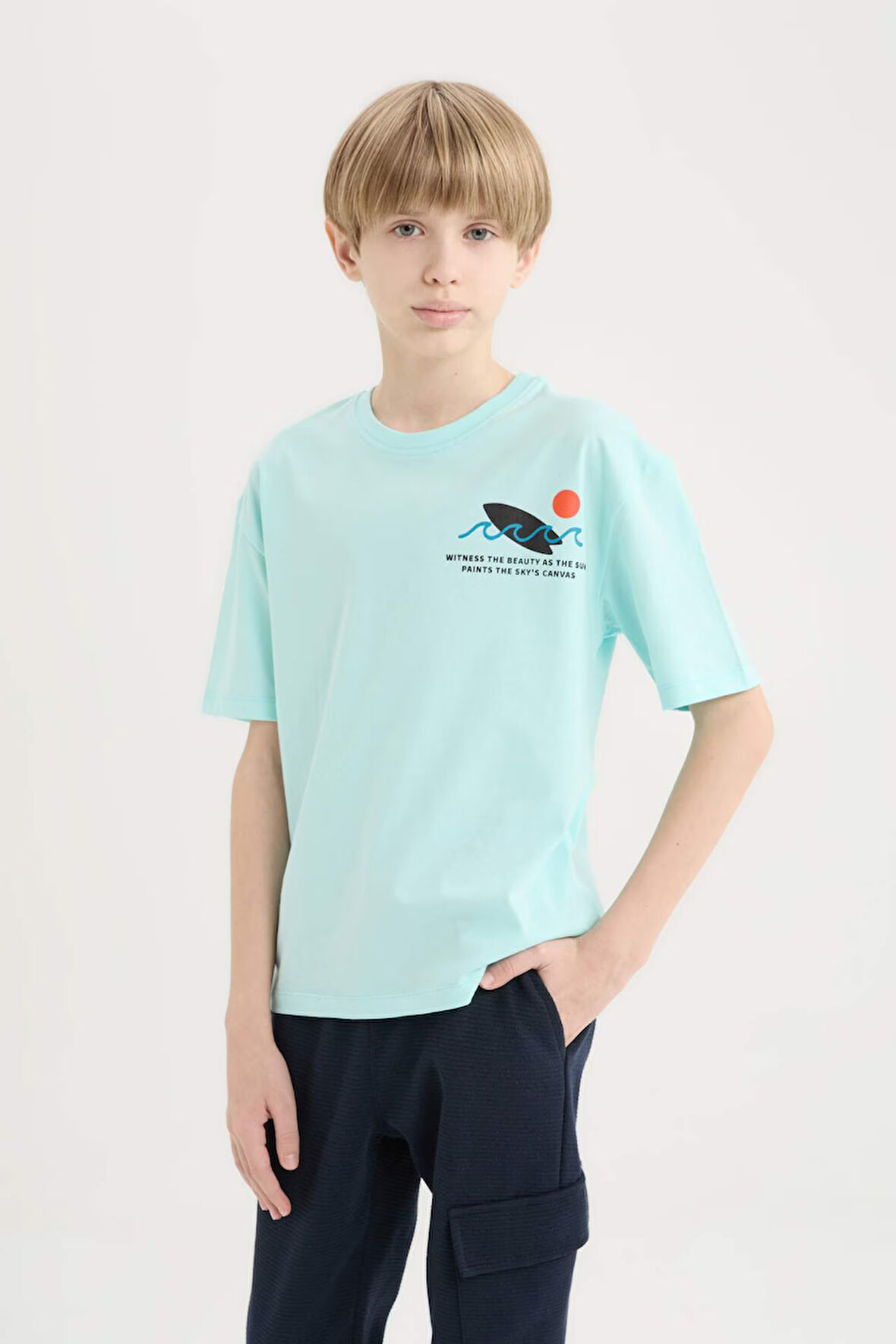 Erkek Çocuk Oversize Geniş Kalıp Bisiklet Yaka Baskılı Kısa Kollu Tişört