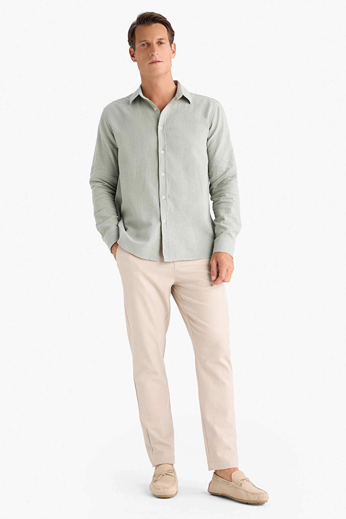 Defacto D7394 Haki %100 Pamuk Regular Fit İnce Kumaş Polo Yaka Uzun Kollu Gömlek