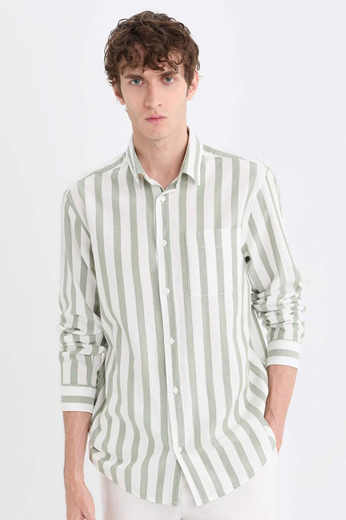 Regular Fit Polo Yaka Uzun Kollu Çizgili Uzun Kollu Gömlek