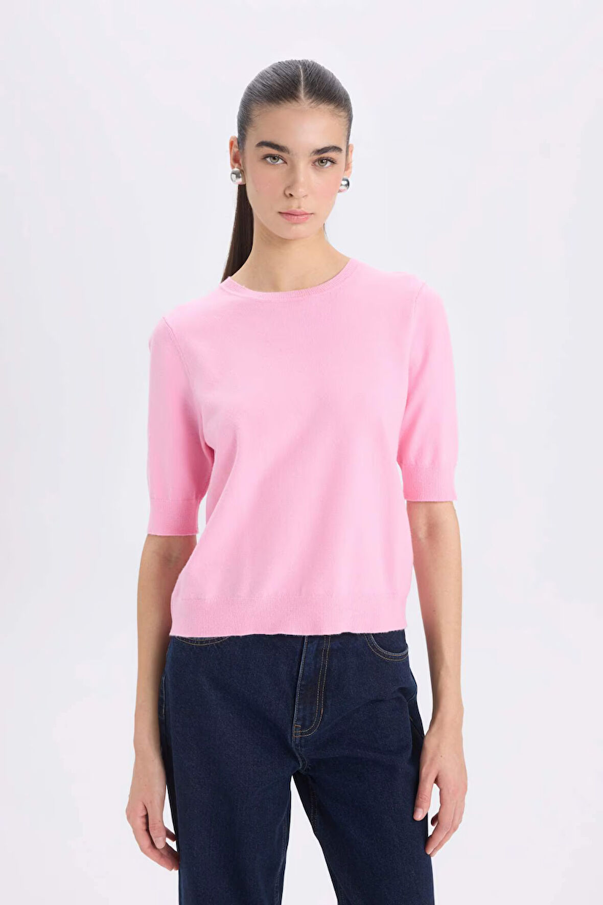 DeFacto Regular Fit Bisiklet Yaka Basic Düz Kısa Kollu Triko Kazak D6272AX25SMPN82