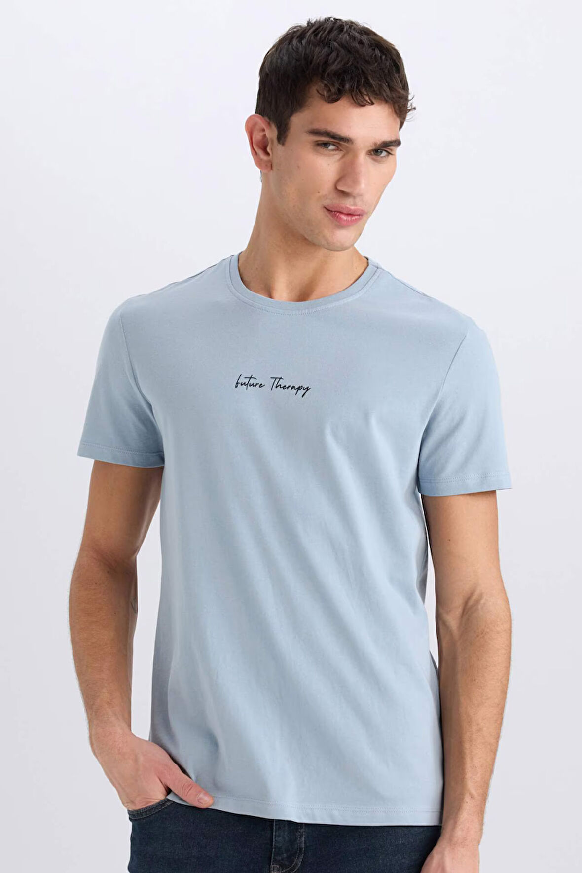 Slim Fit Dar Kesim Bisiklet Yaka Baskılı Kısa Kollu Tişört