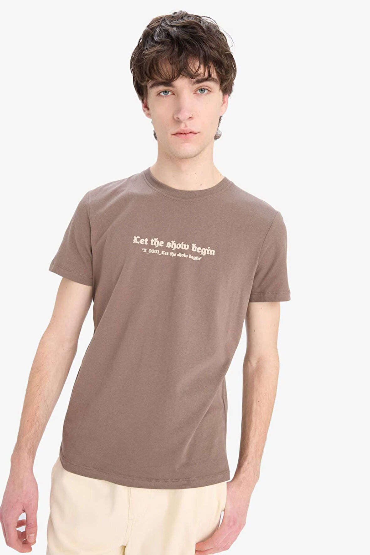 DeFacto %100 Pamuk Slim Fit Dar Kesim Bisiklet Yaka Baskılı Kısa Kollu Tişört C2085AX25SMBN571