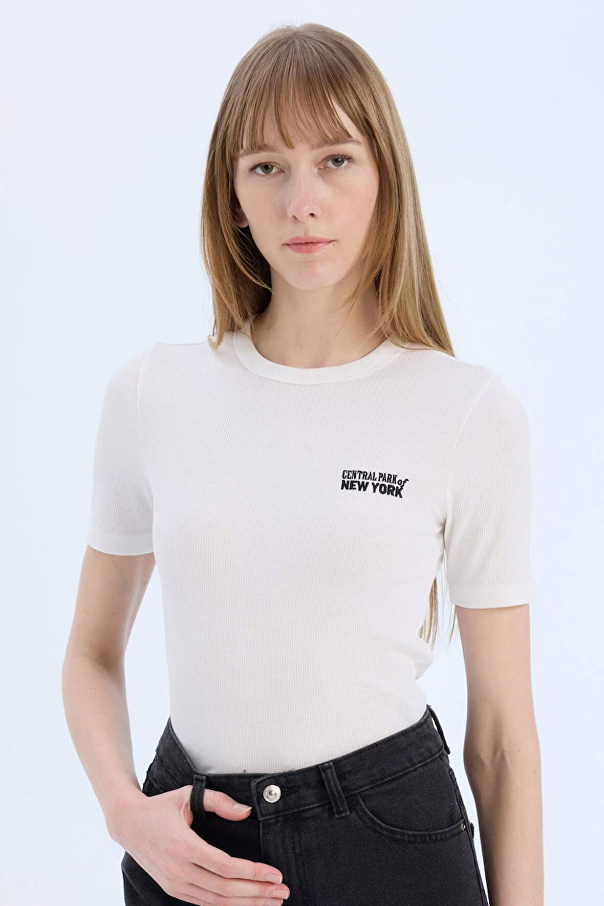 DeFacto Slim Fit Dar Kesim Bisiklet Yaka Baskılı Fitilli Kaşkorse Kısa Kollu Tişört E5068AX25SPER105