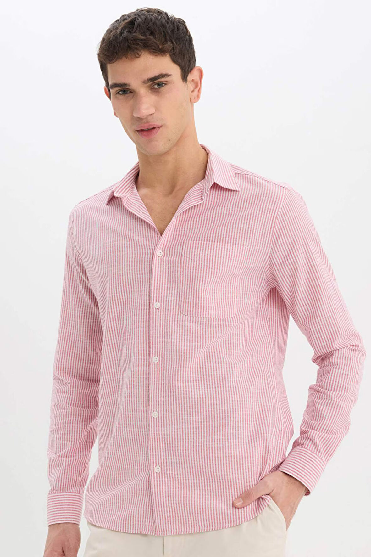 DeFacto Modern Fit Polo Yaka Çizgili Uzun Kollu Gömlek E5046AX25SMRD92