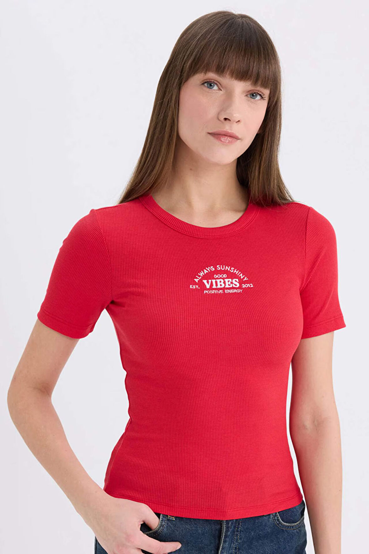 Fitted Bisiklet Yaka Baskılı Casual Fitilli Kaşkorse Kısa Kollu Tişört