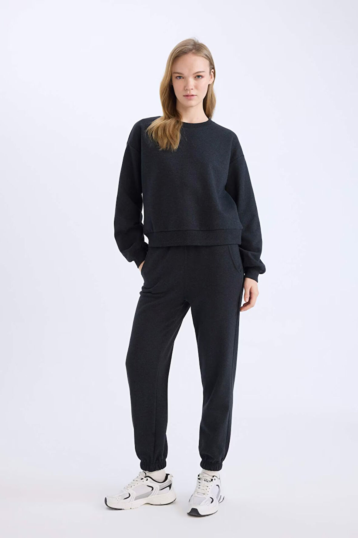 Regular Fit 2'li Takım Kalın Bisiklet Yaka Sweatshirt Esnek Belli Jogger Eşofman Altı