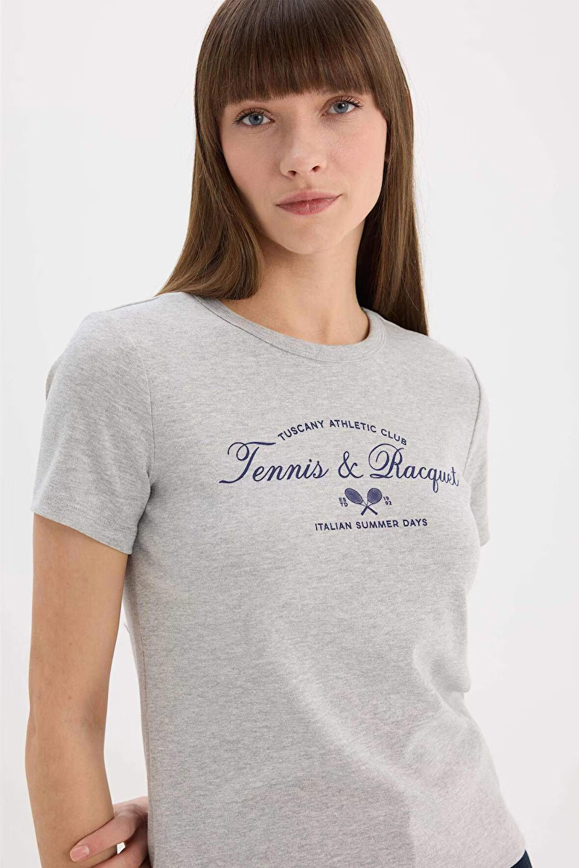 Regular Fit Bisiklet Yaka Slogan Baskılı Casual Ribana Kısa Kollu Tişört