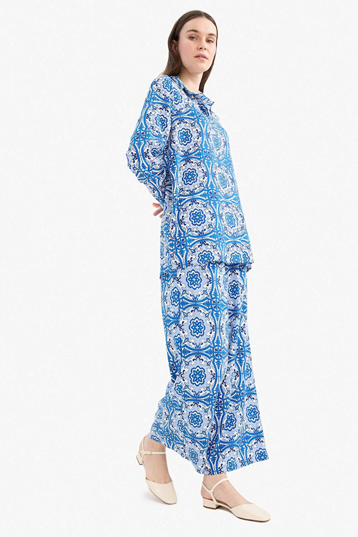 Wide Leg Geniş Bol Paça Desenli Viskon Pantolon 