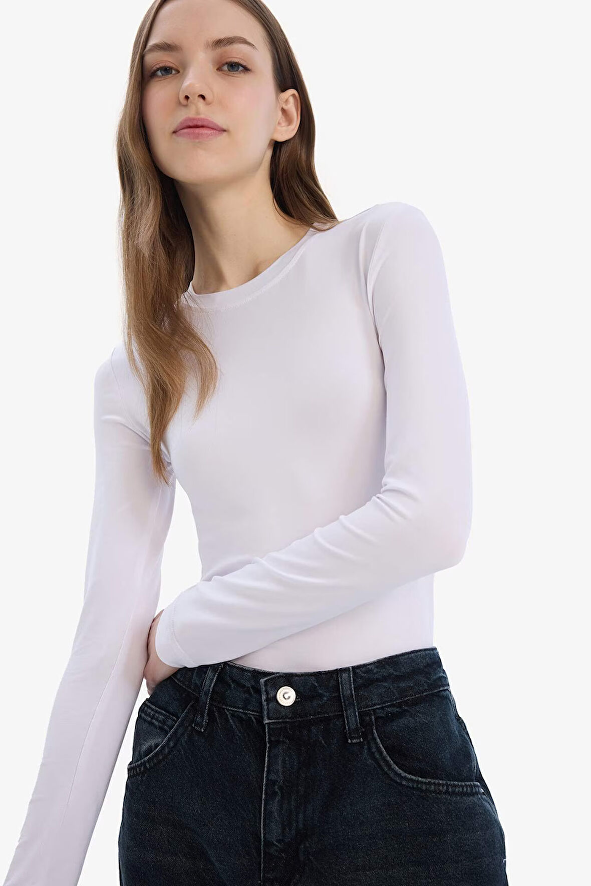 DeFacto Fitted Bisiklet Yaka Basic Düz Uzun Kollu Tişört D0199AX25SPWT34