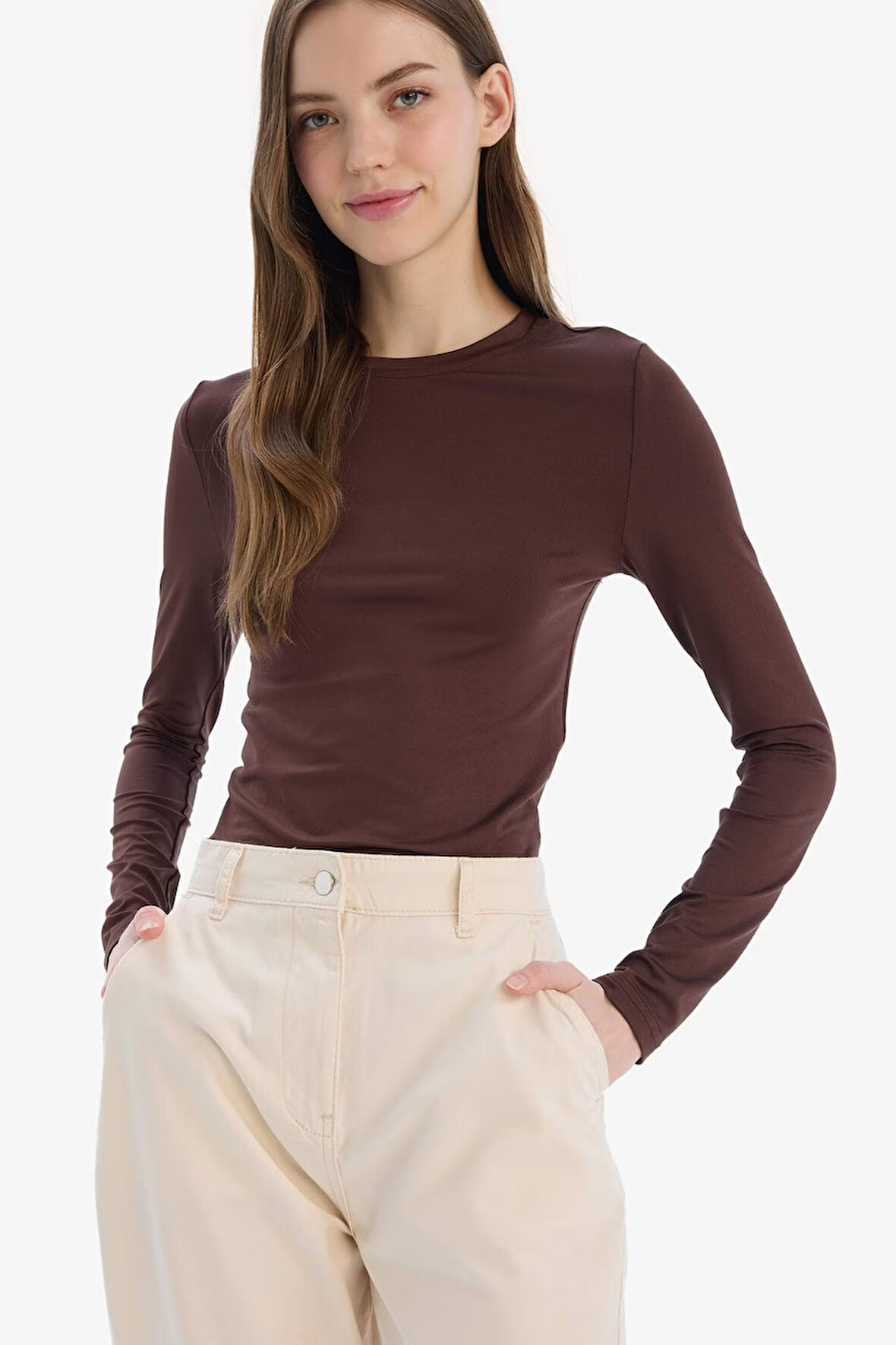 DeFacto Fitted Bisiklet Yaka Basic Düz Uzun Kollu Tişört D0199AX25SPBN341