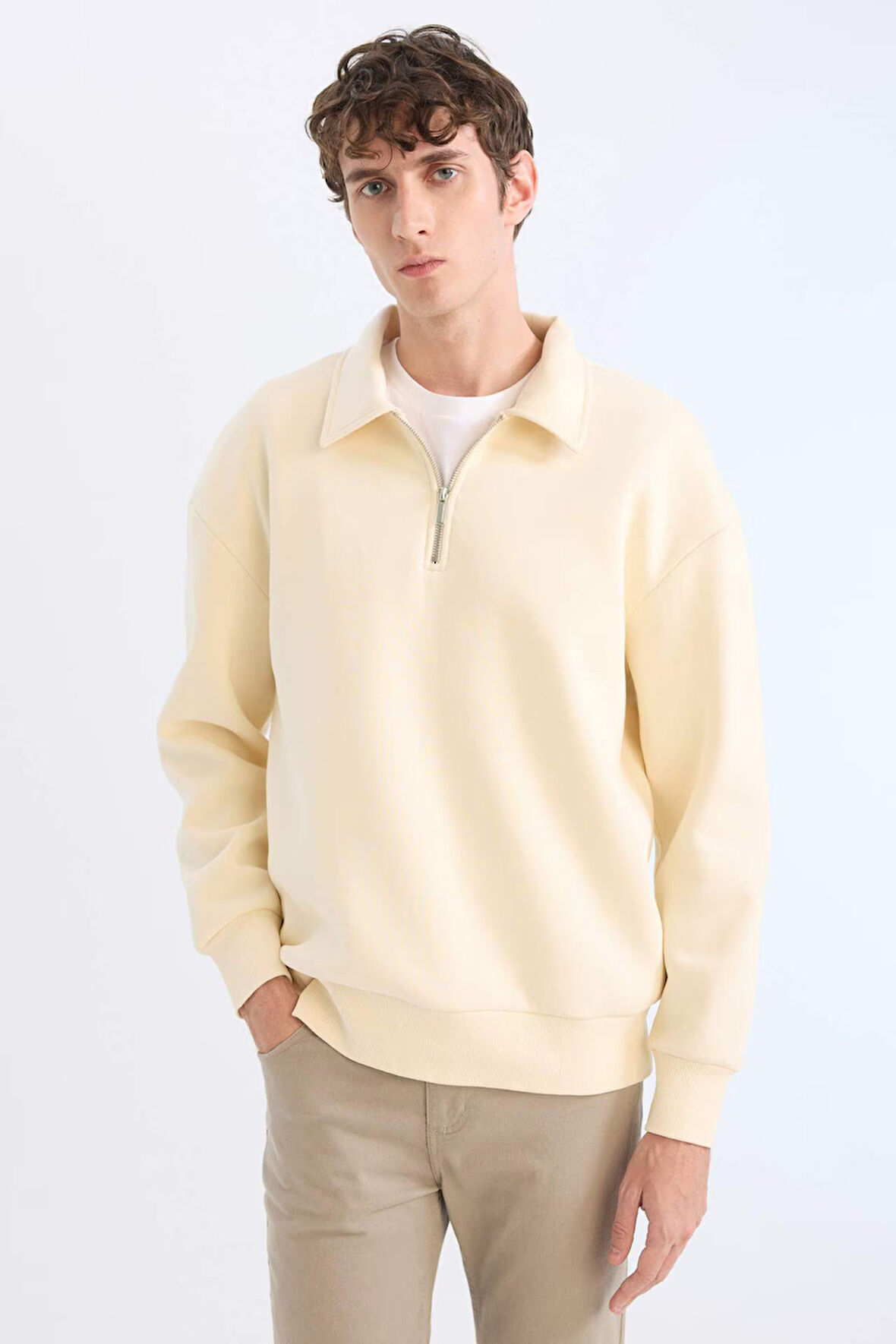 Relax Fit Polo Yaka Fermuarlı Basic Düz Kalın Sweatshirt