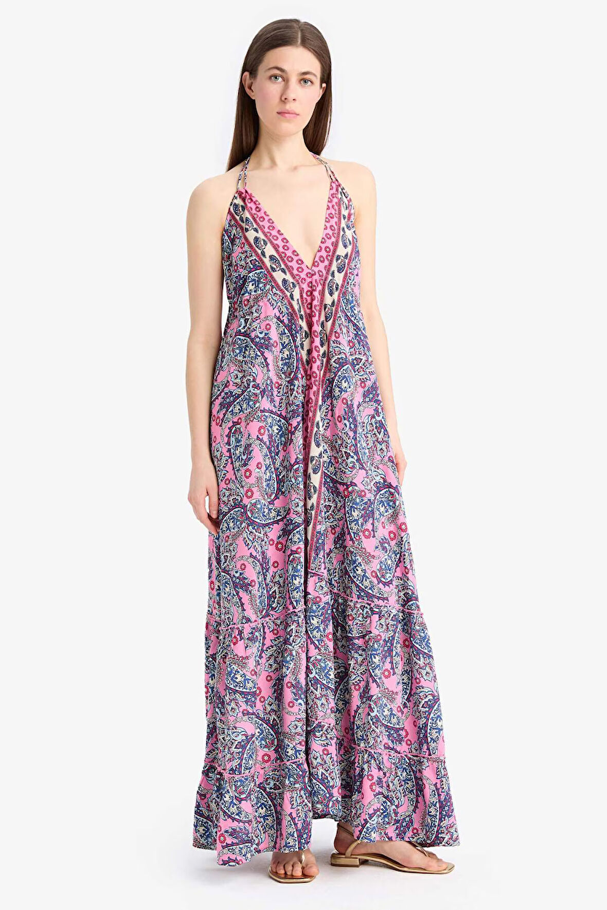Regular Fit Etnik Desenli Boyundan Bağlamalı Maxi Plaj Elbisesi-Fall in Love