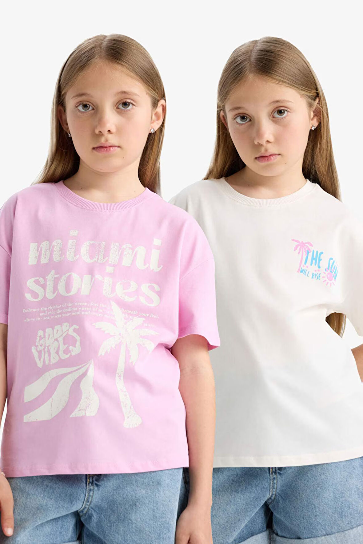 DeFacto Kız Çocuk Relax Fit Bisiklet Yaka Baskılı 2'li Kısa Kollu Tişört D9429A825SMPN444