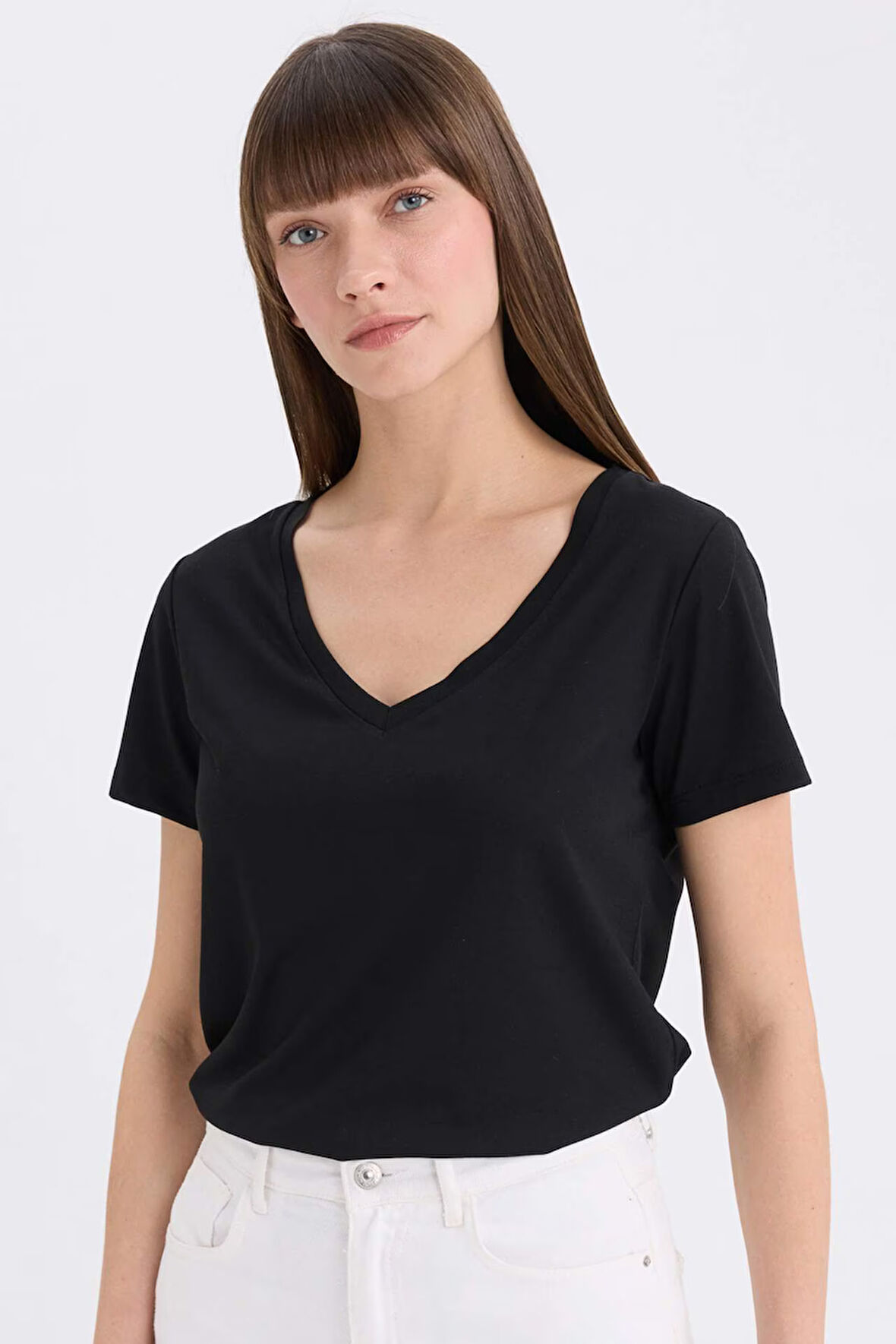 Regular Fit V Yaka Basic Düz Kısa Kollu Tişört