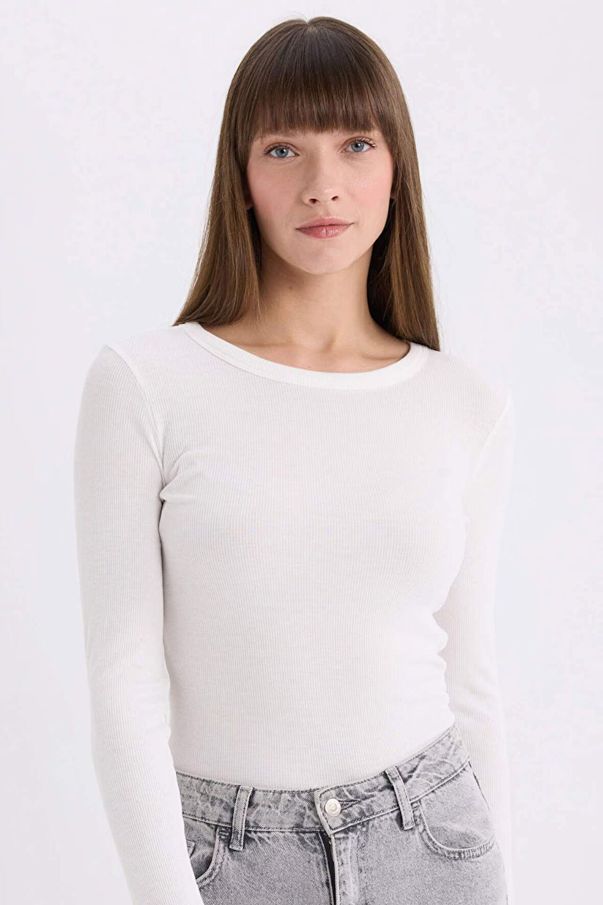 Slim Fit Dar Kesim Basic Düz Casual Fitilli Kaşkorse Uzun Kollu Tişört