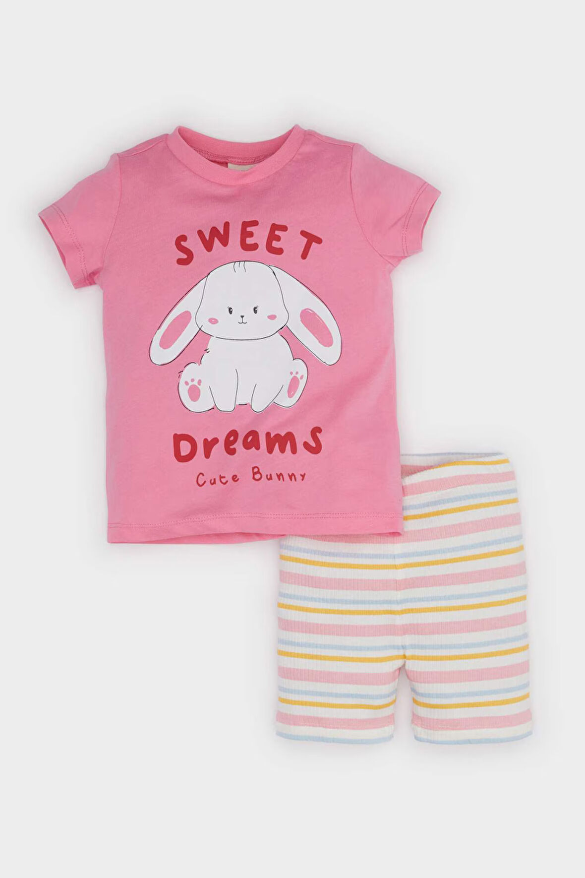 Kız Bebek Pijama Takımı Baskılı Kısa Kollu Fitilli Kaşkorse Üst Beli Lastikli Çizgili Şort