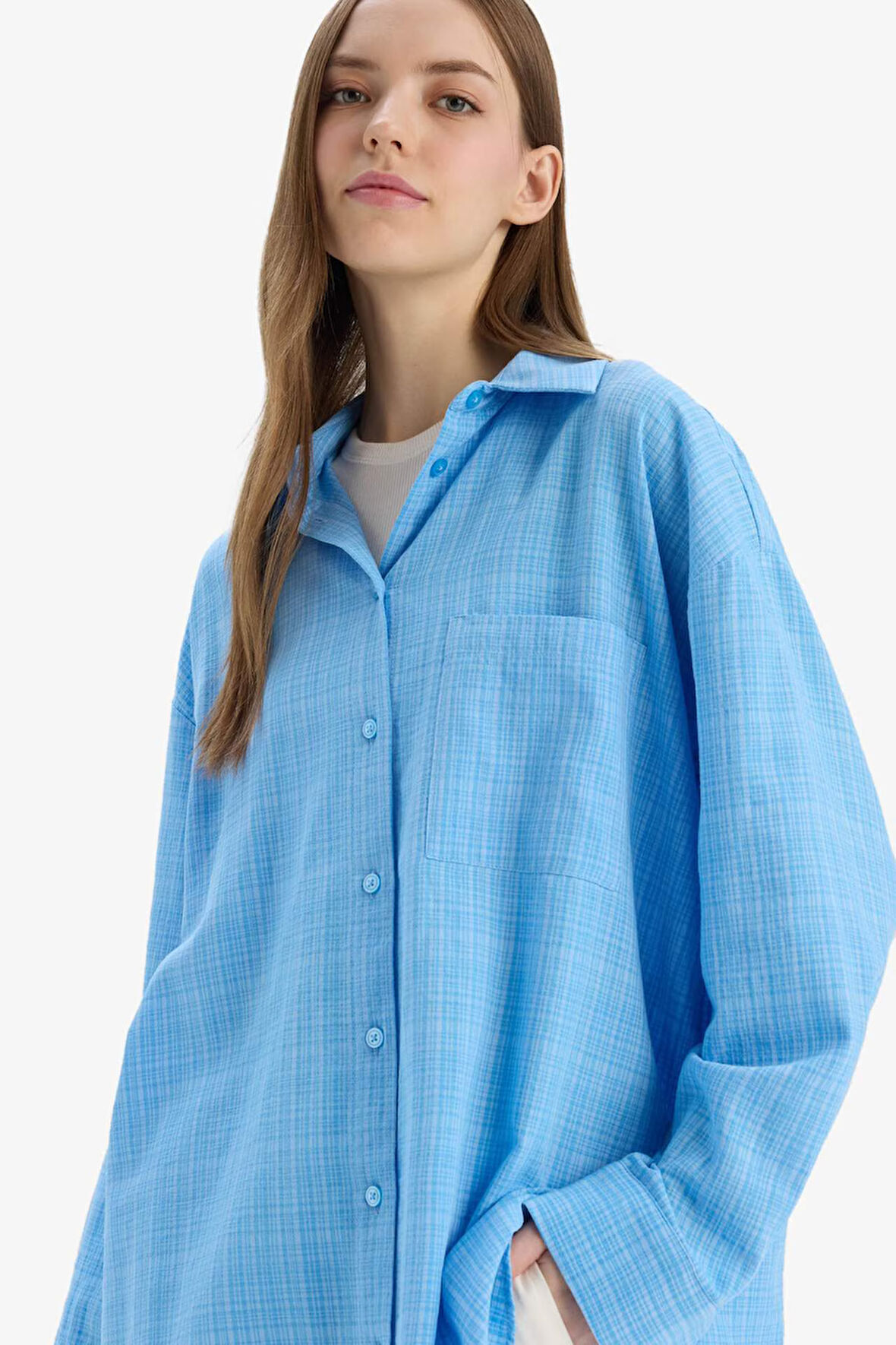 Oversize Geniş Kalıp Gömlek Yaka Müslin Uzun Kollu Gömlek