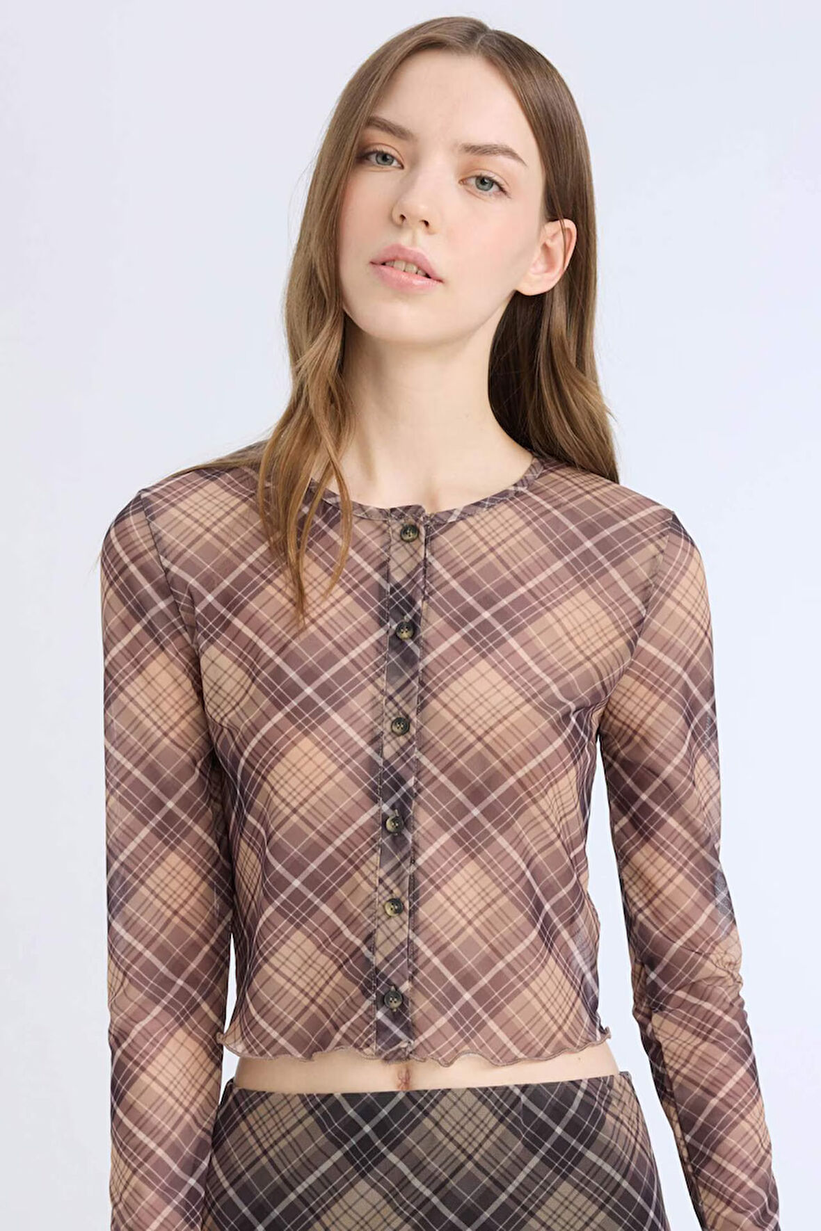 DeFacto Fitted Bisiklet Yaka Desenli Düğmeli Tül Uzun Kollu Tişört E4931AX25SPBN267