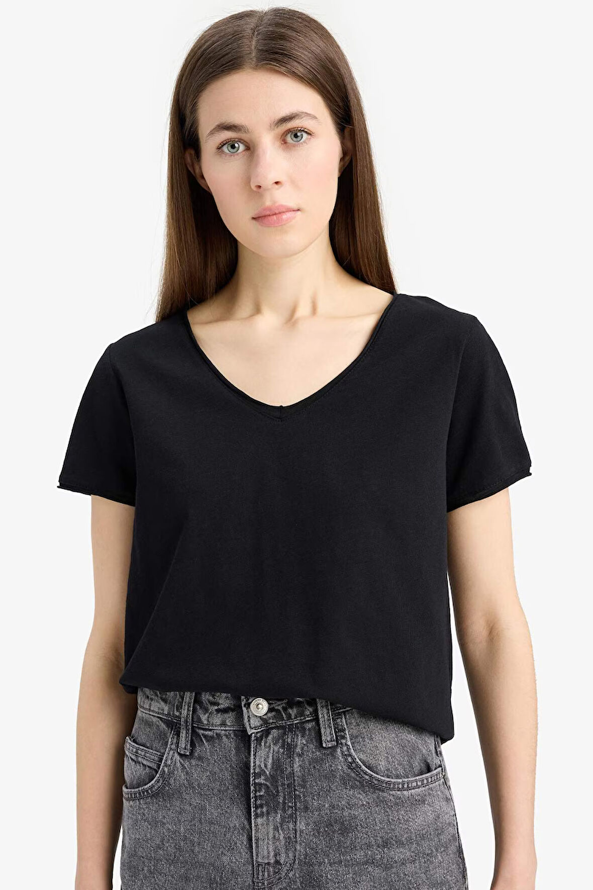 DeFacto Regular Fit V Yaka Basic Düz Kısa Kollu Siyah Tişört K1507AZ25SMBK81