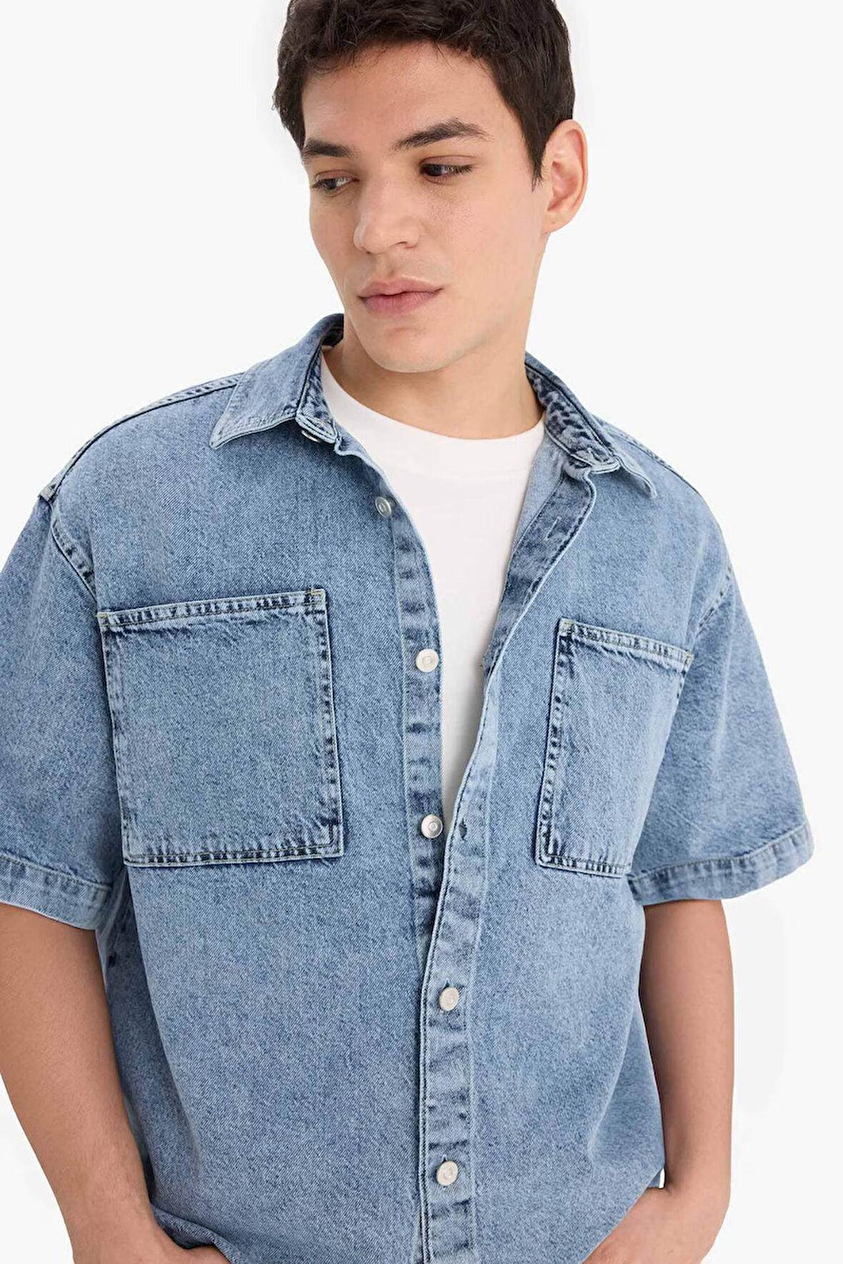 Relax Fit Pamuklu Yazlık Kısa Kollu Jean Gömlek