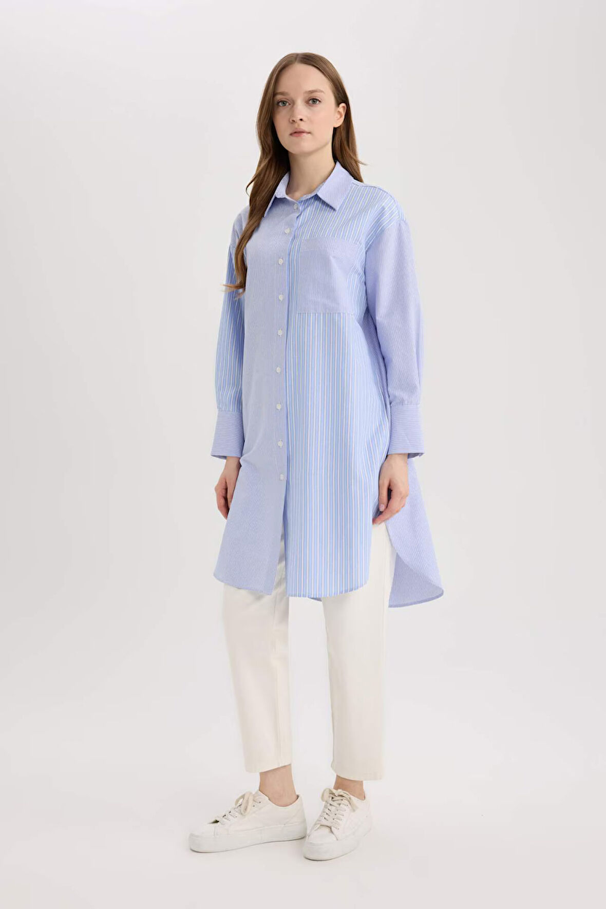 DeFacto Relax Fit Çizgili Poplin Uzun Kollu Tesettür Gömlek Tunik E4356AX25SPBE40