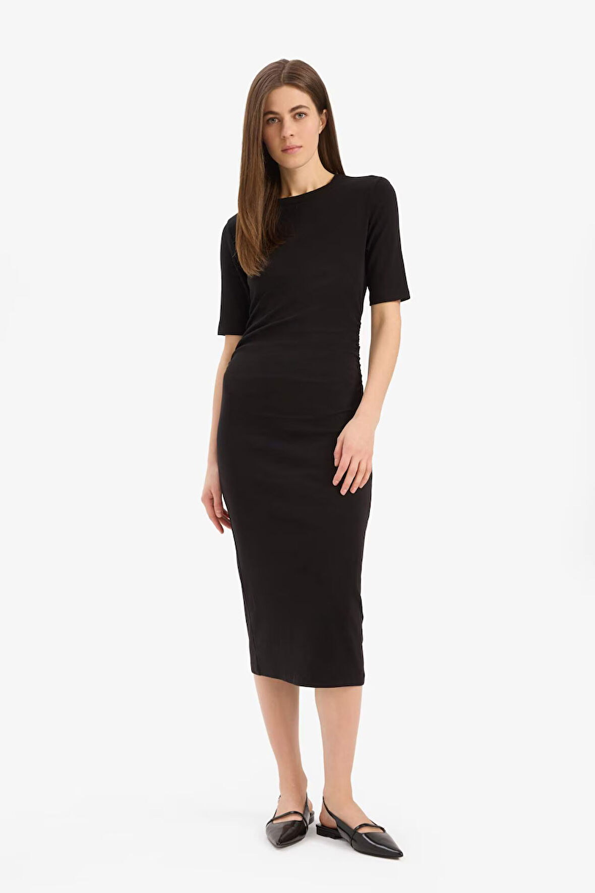 Bodycon Vücudu Saran Bisiklet Yaka Basic Düz Ribana Kısa Kollu Midi Elbise