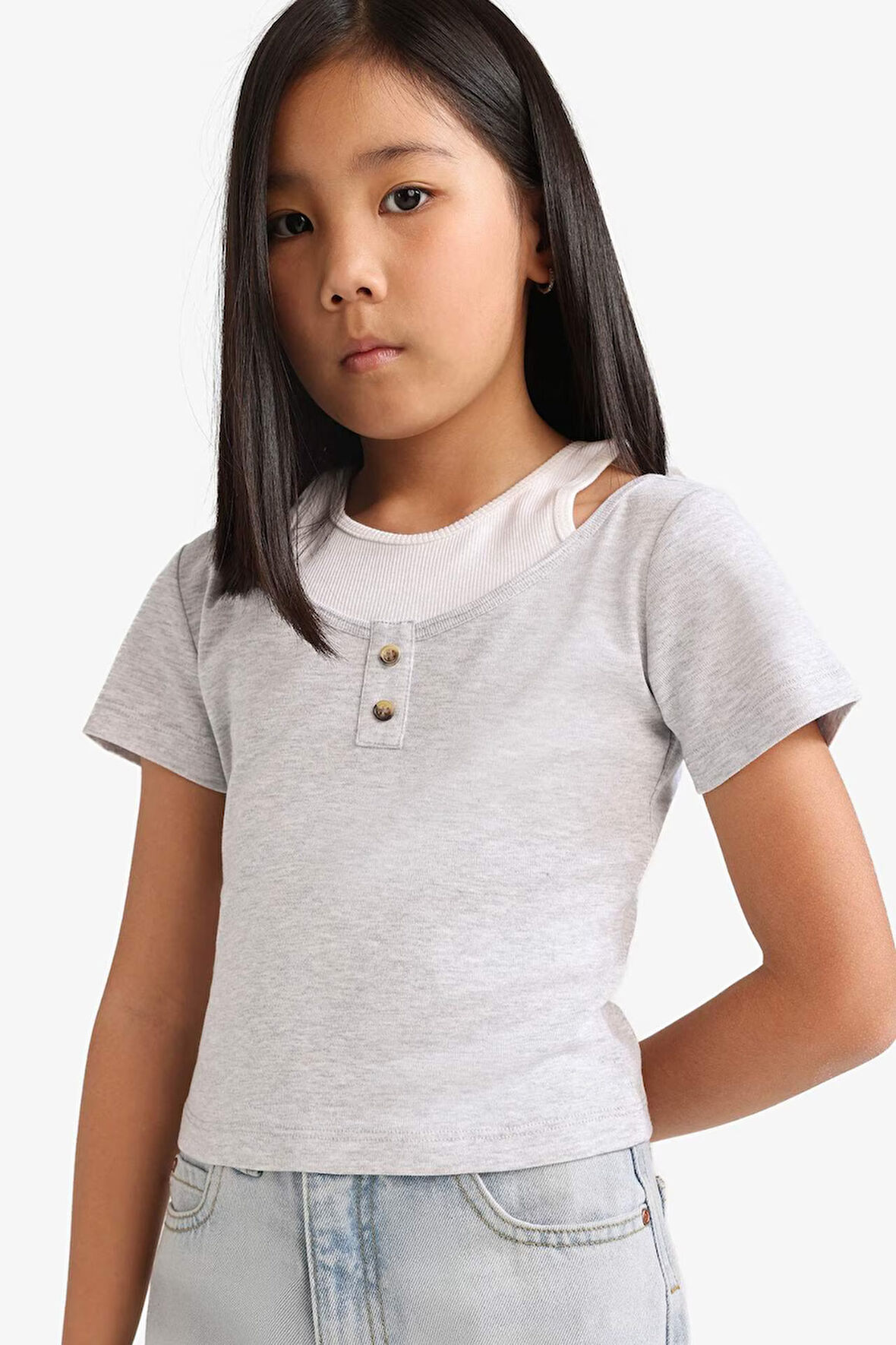 DeFacto Kız Çocuk Cropped Fit Bisiklet Yaka Ribana Kısa Kollu Tişört E1830A825SMGR421