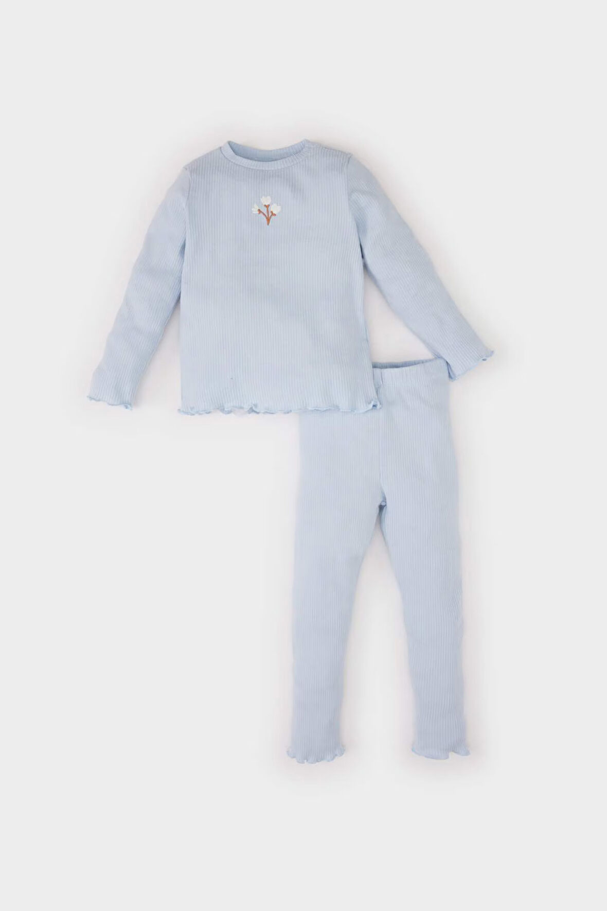 Kız Bebek 2'li Takım Çiçekli Fitilli Kaşkorse Uzun Kollu Tişört Üst Beli Lastikli Alt