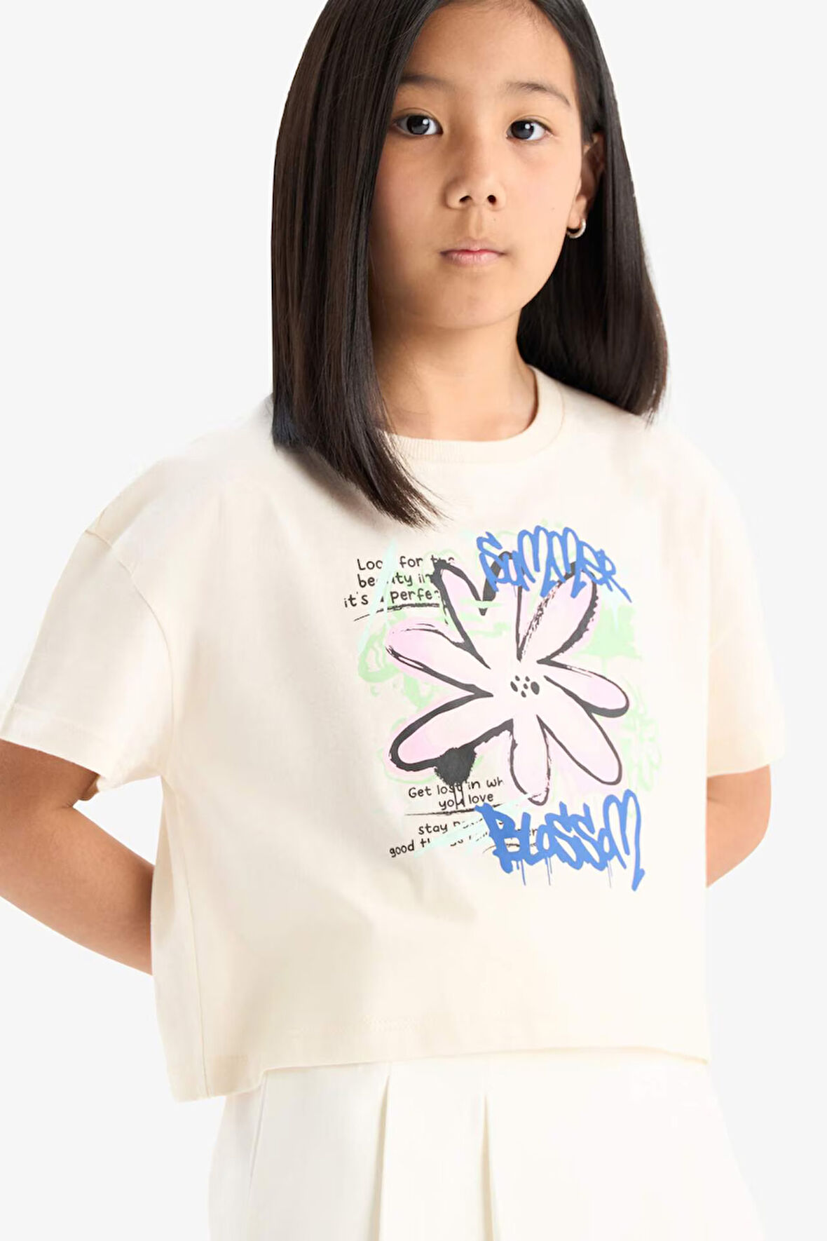 DeFacto Kız Çocuk Bisiklet Yaka Baskılı Kısa Kollu Tişört E0384A825SMER233