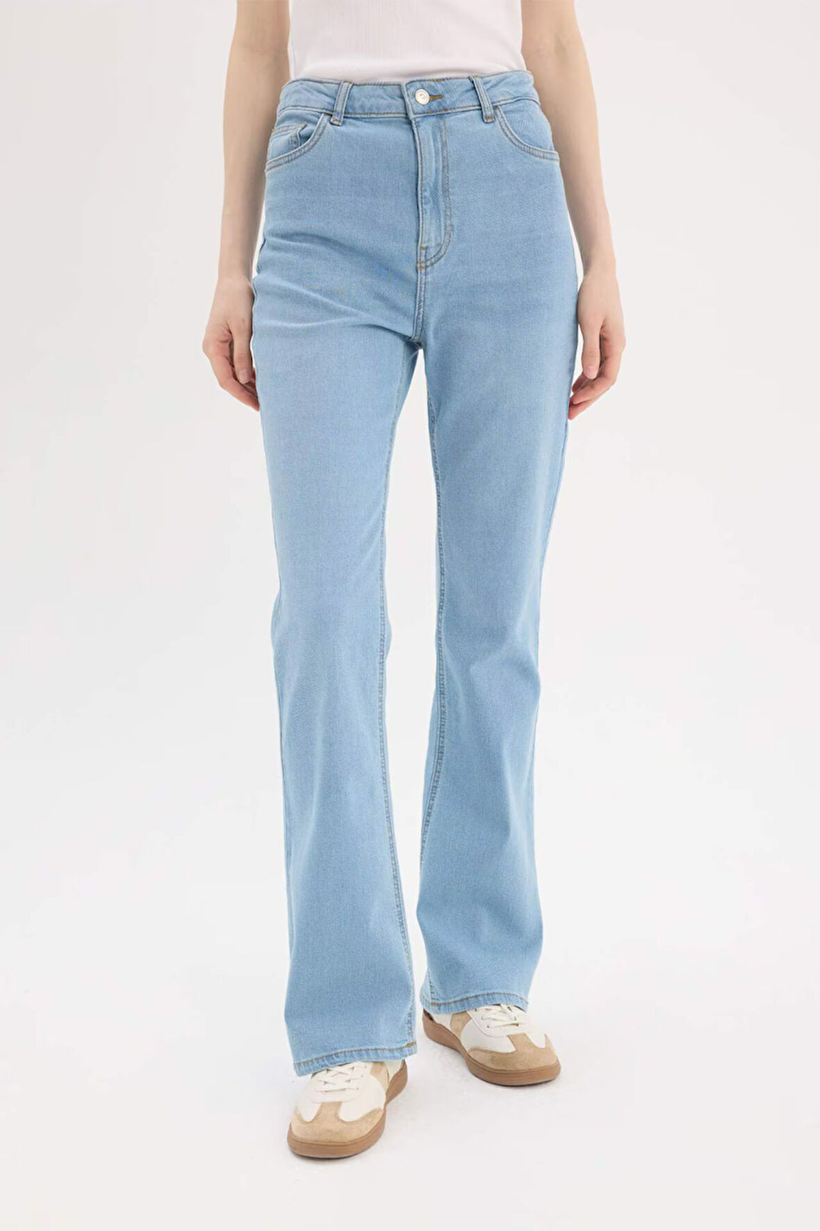 Slim Flare Yüksek Bel Düz Paça Uzun Jean Kar Yıkamalı Pantolon