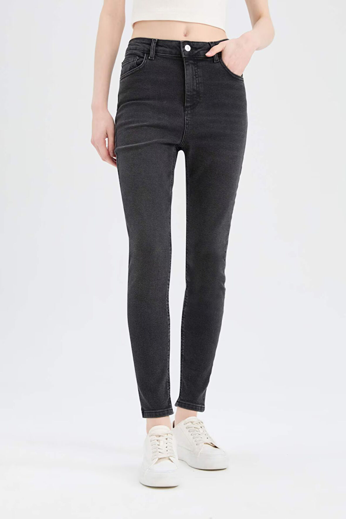 Skinny Fit Yüksek Bel Düz Paça Uzun Jean Kar Yıkamalı Pantolon