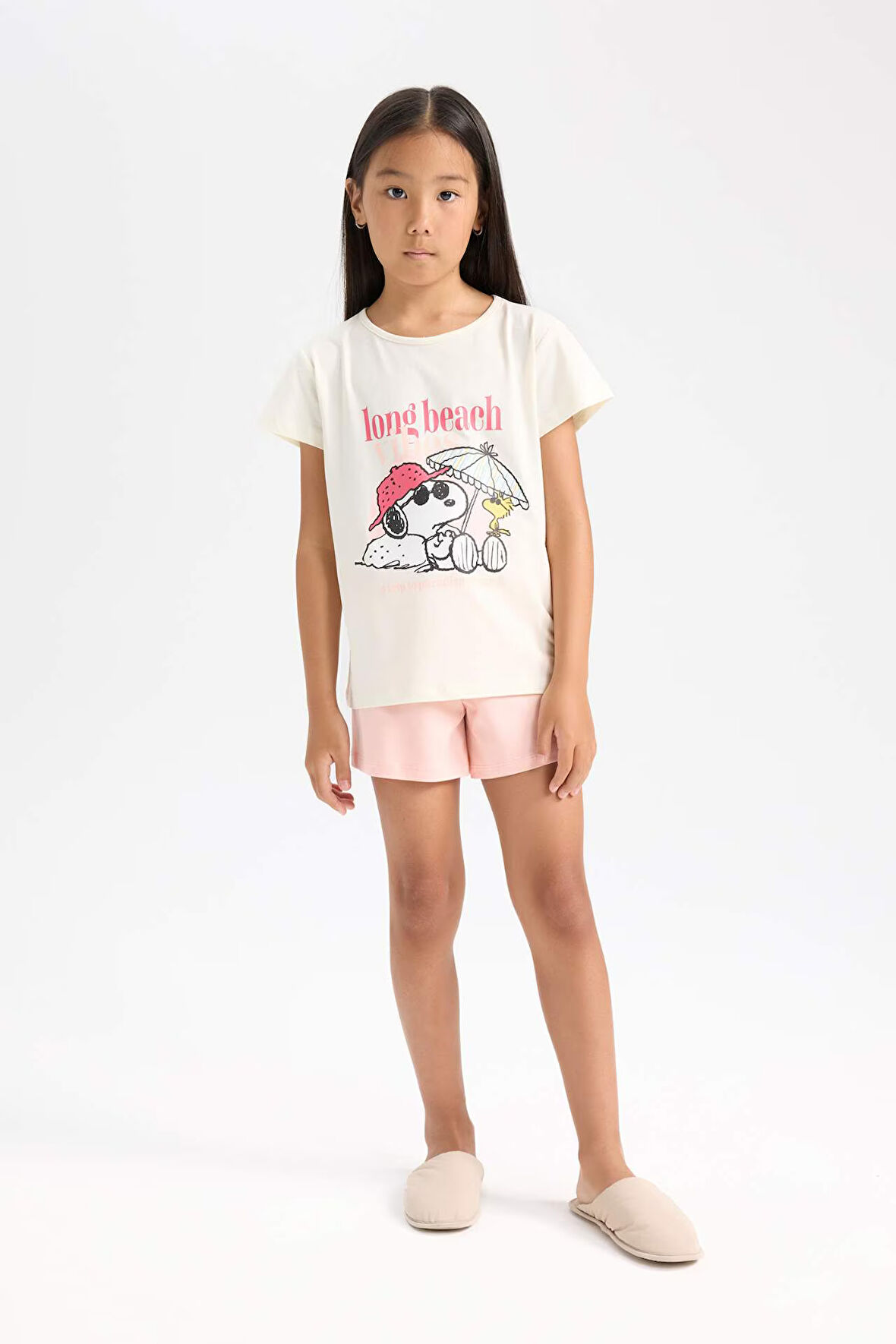 DeFacto Kız Çocuk Snoopy Pijama Takımı Kısa Kollu Üst Beli Lastikli Kısa Şort D9831A824WNER99